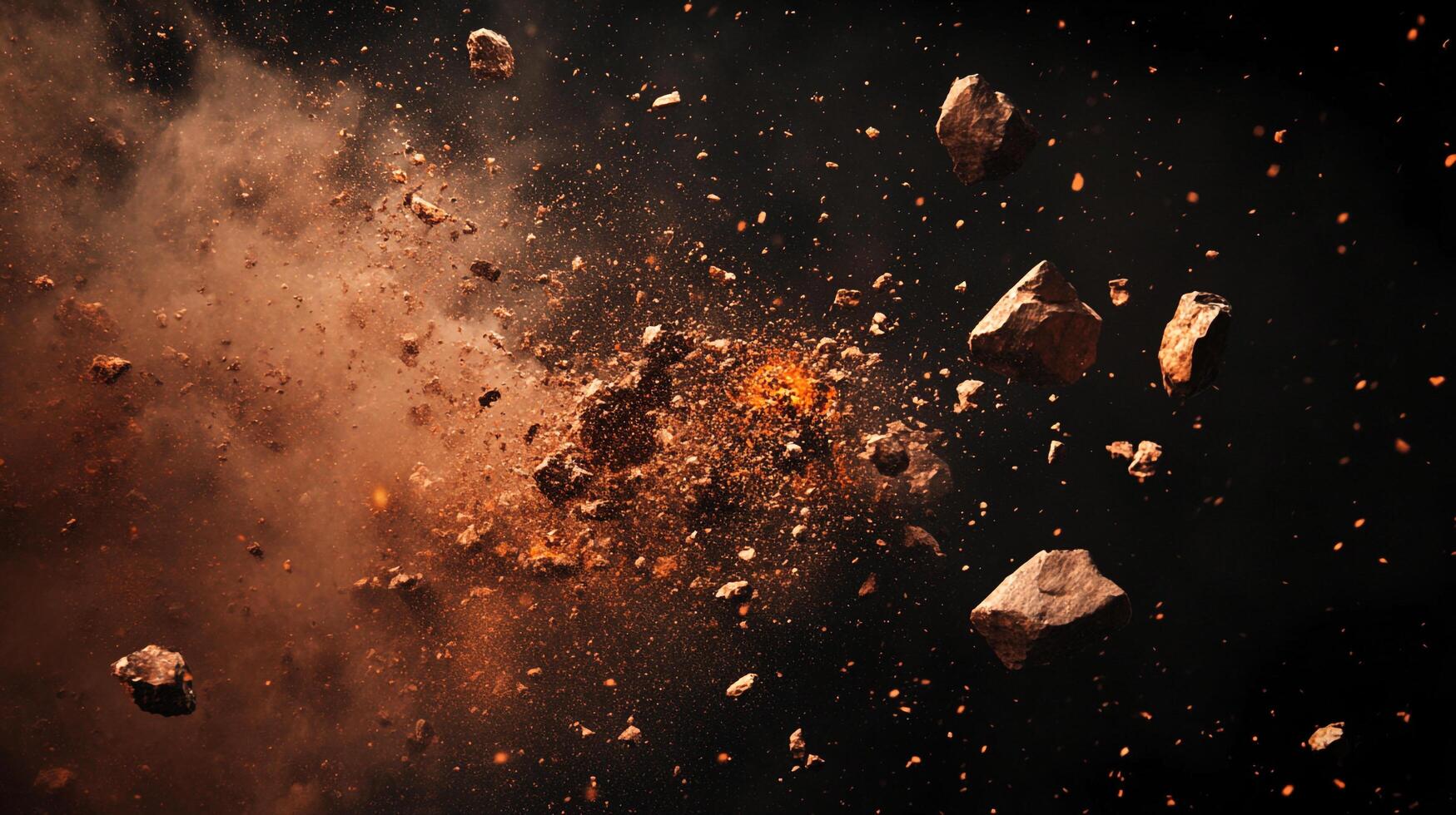 Explosion of earthen materials, capturing the moment of impact with dynamic rock fragments against a dark background. Fiery elements add intensity. photo