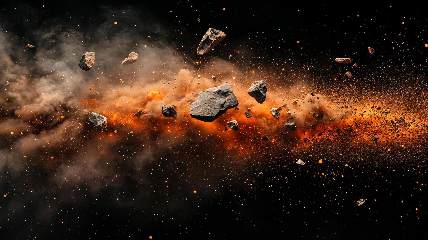 Spectacular cosmic burst of celestial dust and rocky debris, illuminating the vast darkness of space with vibrant orange hues. photo