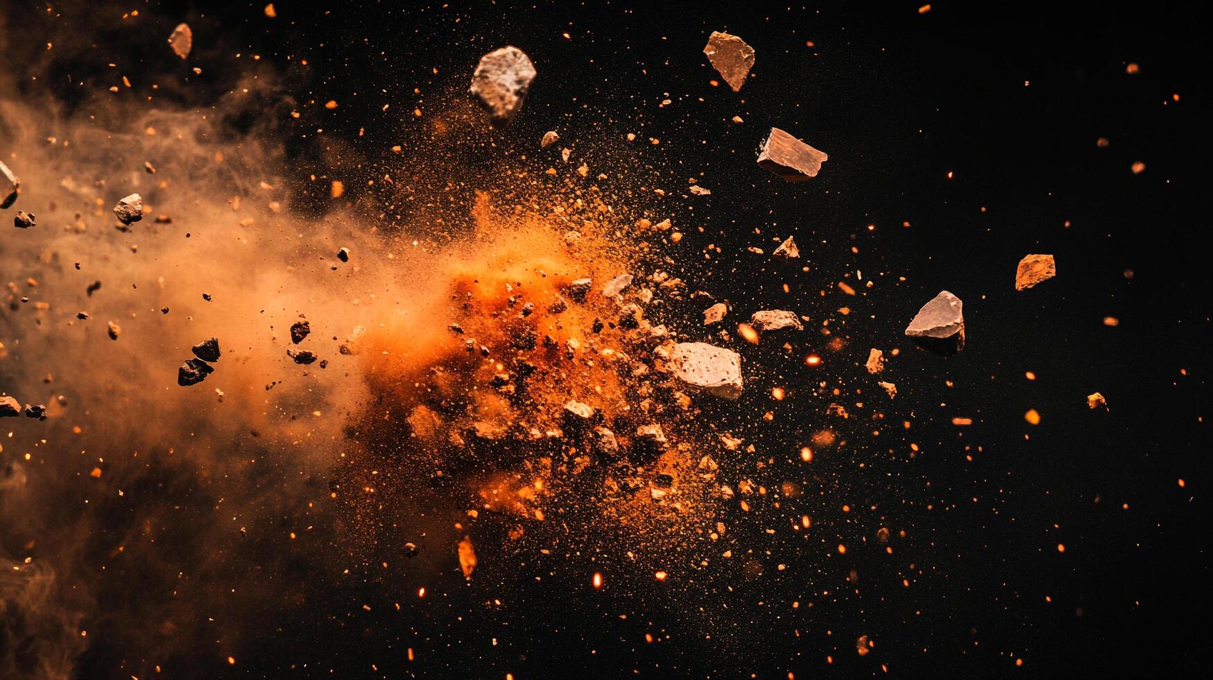 Explosion of debris with glowing particles against a dark backdrop, displaying dynamic motion and intense energy release. photo