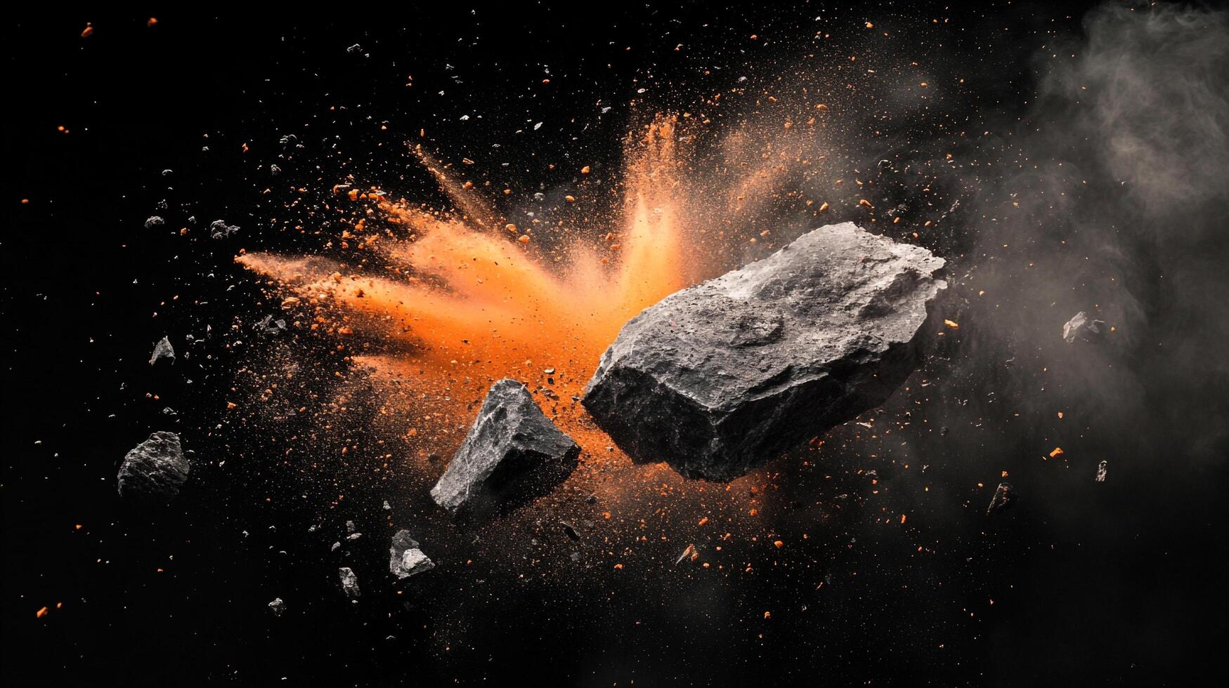 Rock fragments explode in a dramatic burst, showcasing dynamic impact and intense force against a stark black backdrop. photo