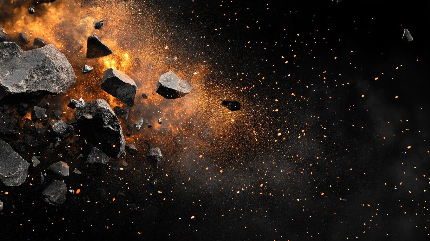 Dynamic explosion of dark rocks and fiery sparks against a black backdrop. Energy and chaos create a visually stunning and dramatic effect. photo
