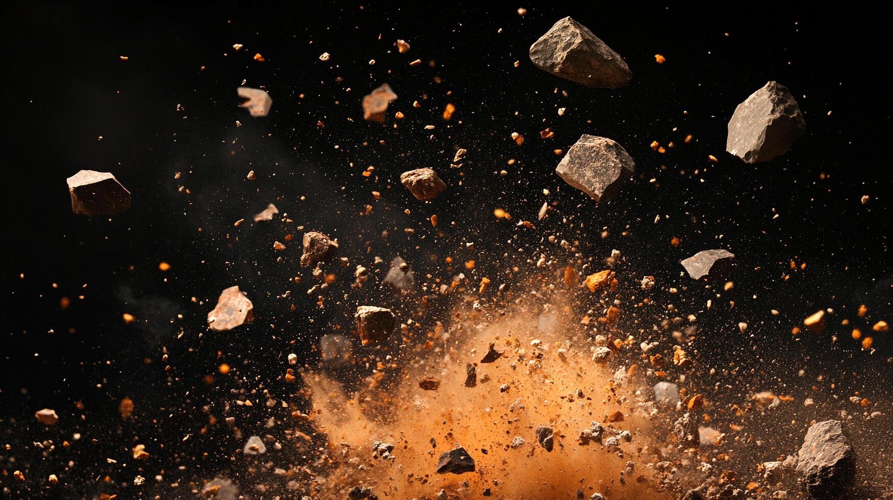 Rocks and dust particles burst forth, frozen mid-explosion against a dark, inky background. An explosion of motion and destruction. photo