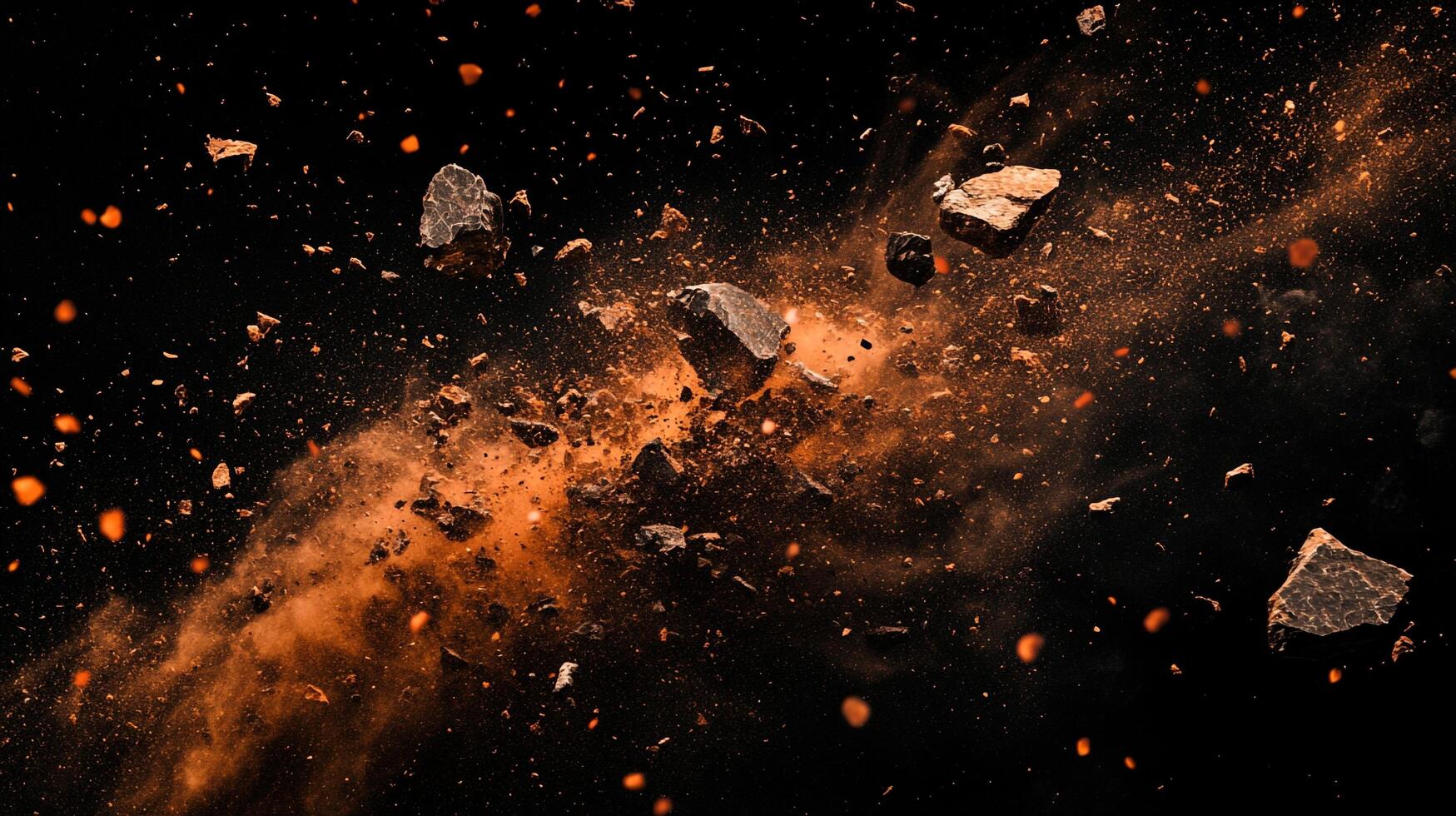Dramatic explosion of rocky debris and dust against a dark background, highlighting the power of destructive natural phenomena. photo