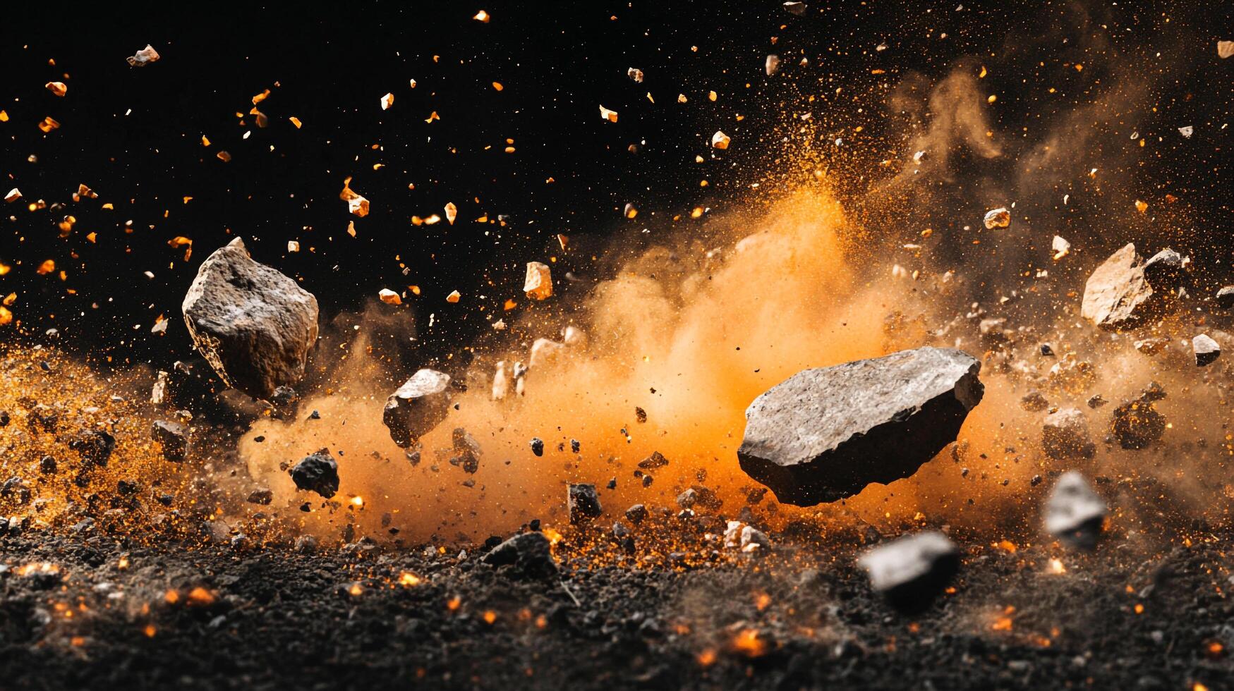 High-speed capture of rocks and debris exploding, creating a dynamic scene with earth and orange haze against a black background. photo