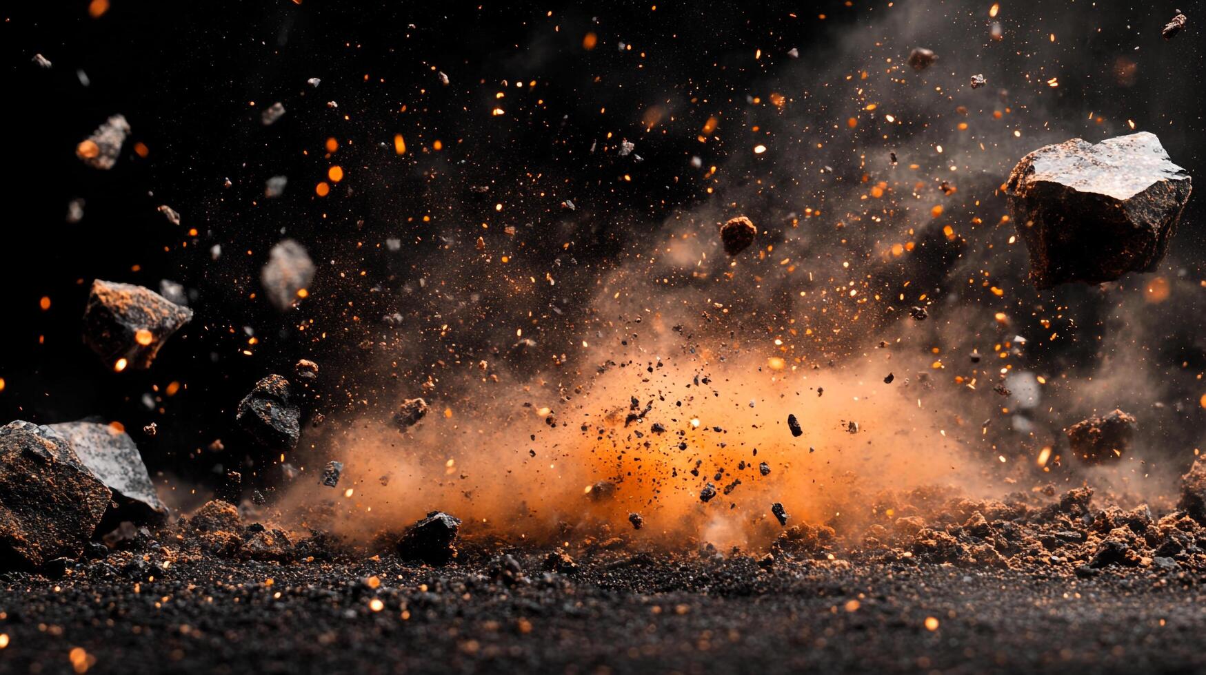 Dynamic scene of rock fragments exploding in a cloud of dust, creating a powerful and dramatic effect against a dark backdrop. photo