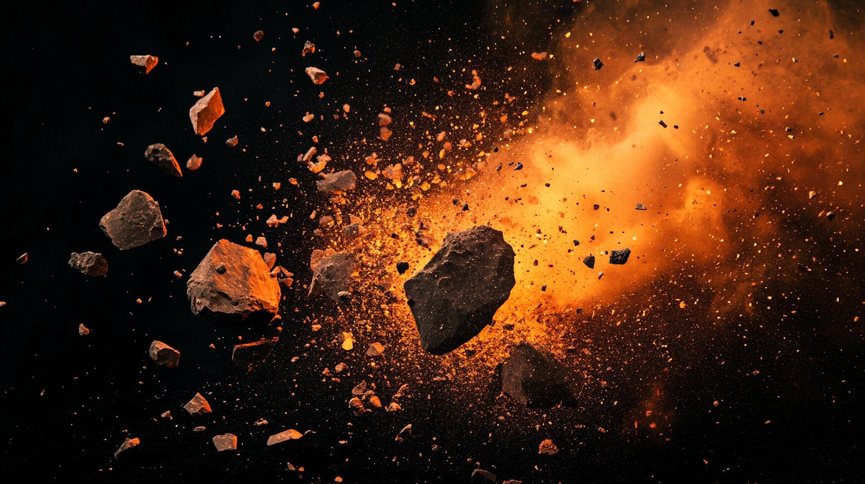 Dramatic explosion of rocks and debris against a dark background, creating a sense of power and chaos in the air. Energetic display. photo