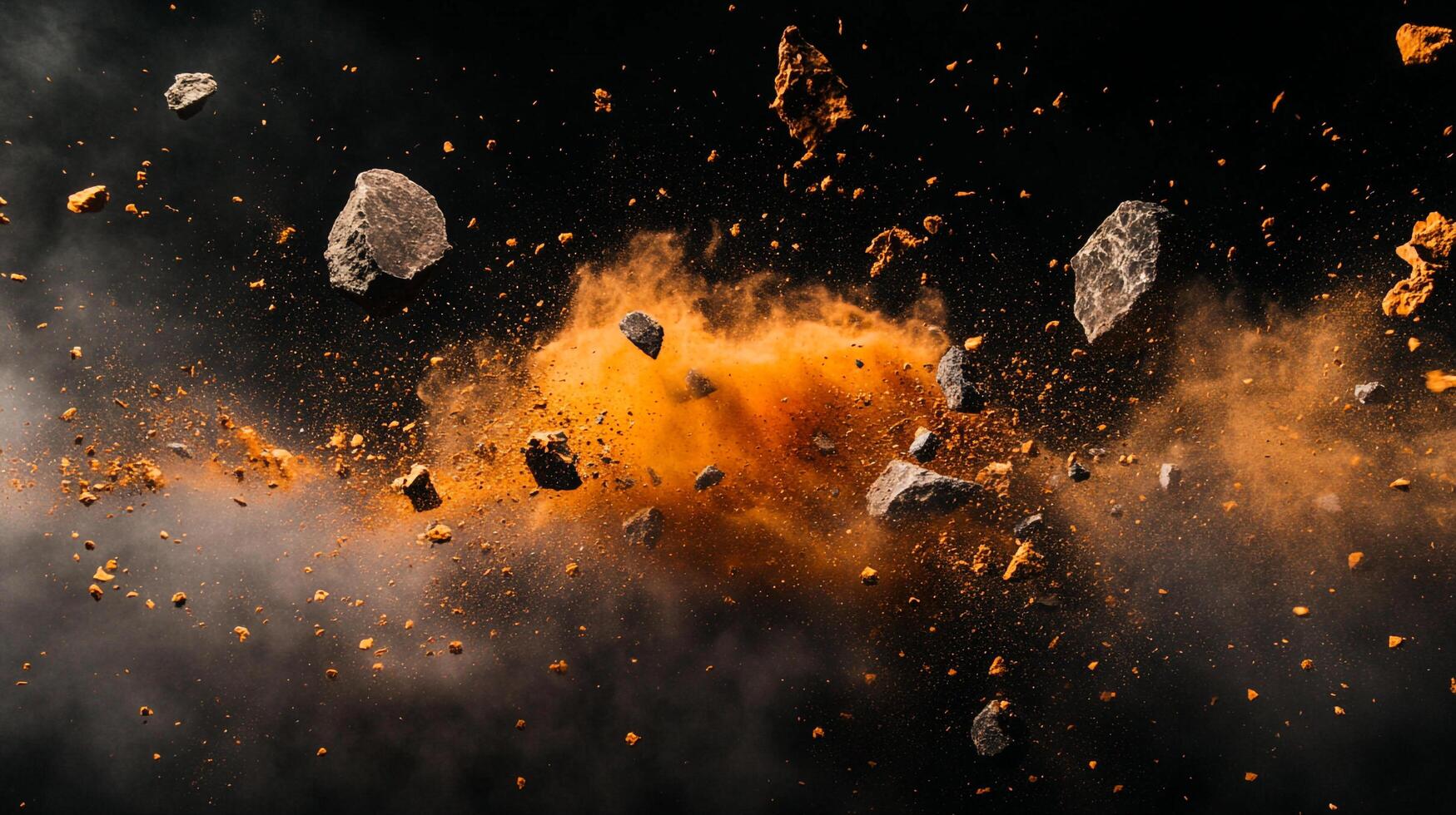 Dynamic burst of rock fragments and powder against a dark backdrop, creating a sense of power, chaos, and geological event. photo