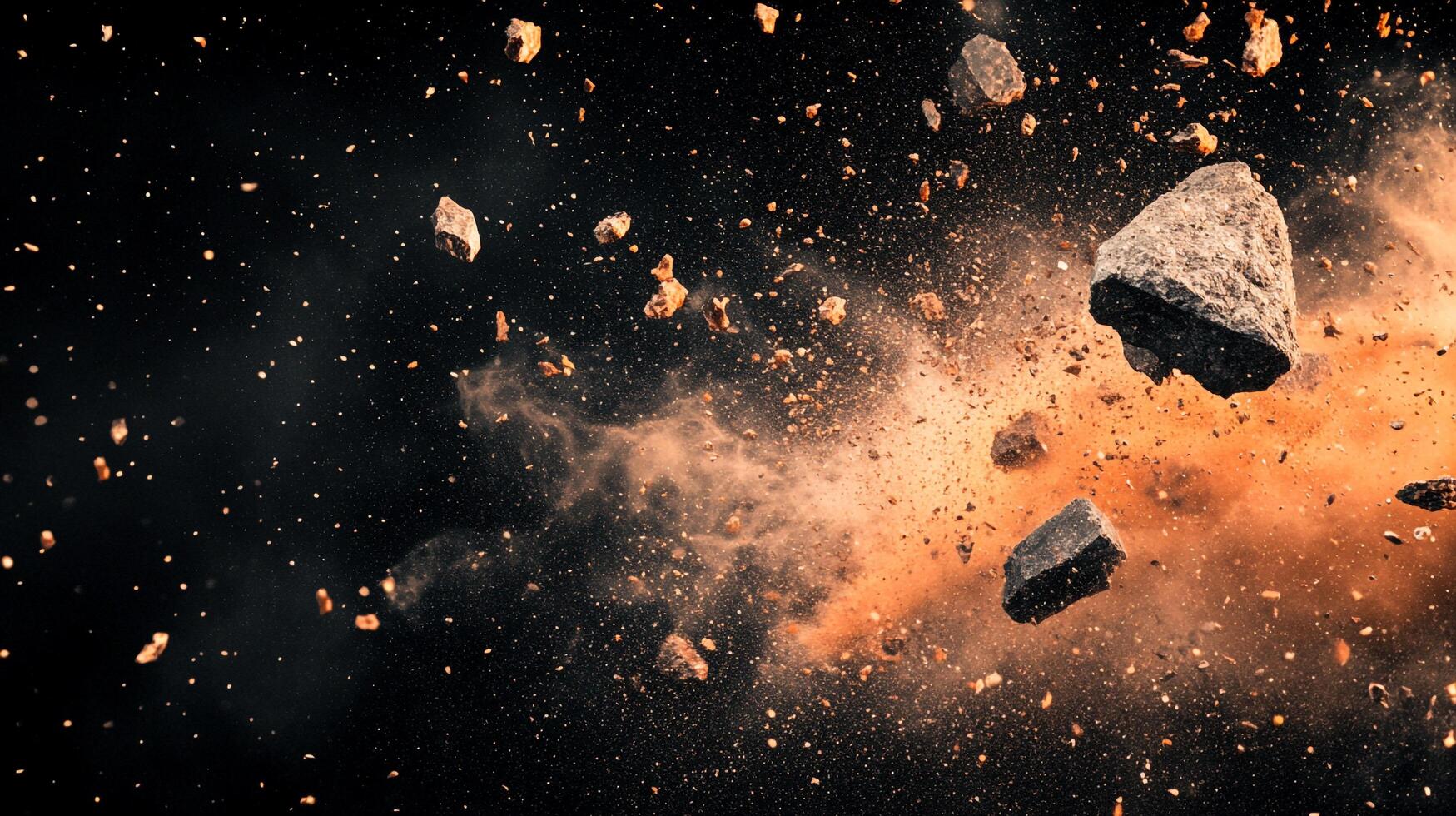 Exploding rocks in space against dark background. Cosmic debris and celestial bodies collision, flying fragments and dust particles. photo