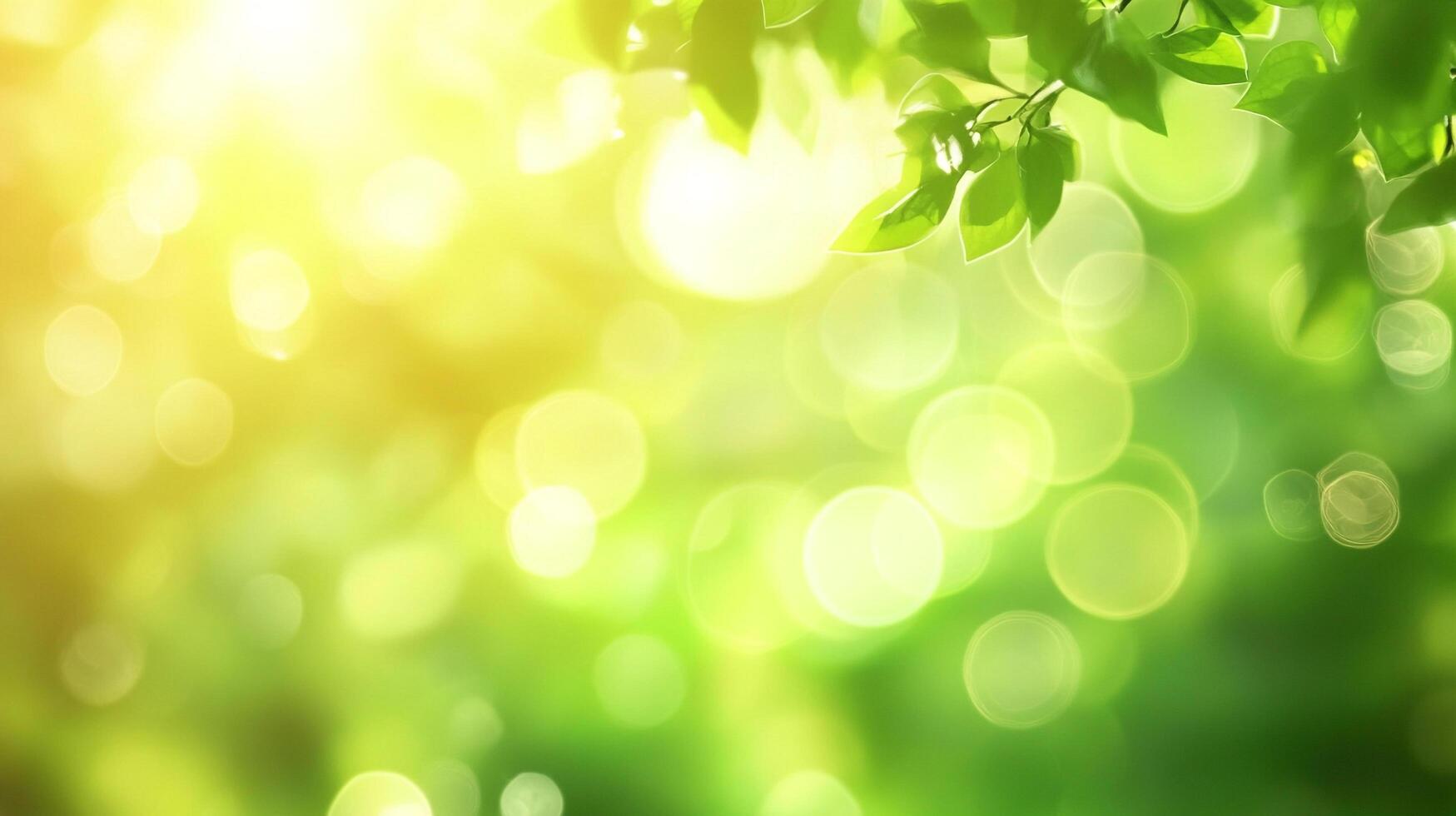 Sunlit leaves create a calming and vibrant scene. The bokeh effect adds a touch of magic to this natural landscape of green and yellow. photo