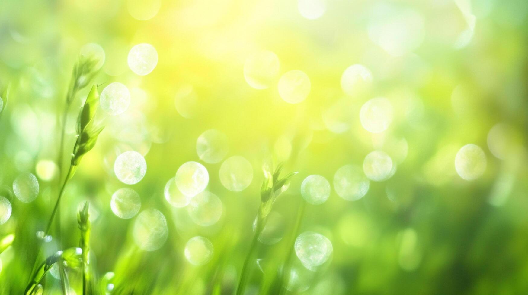 Green blades of grass reach towards the bright sun, with light forming beautiful bokeh circles, a vibrant and serene scene. photo