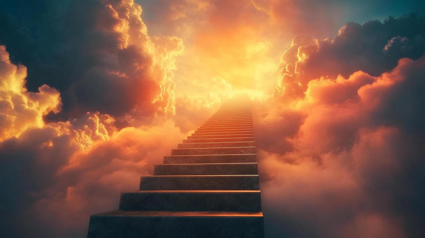 A stairway to heaven stretches upwards into a brilliant, cloud-filled sky, suggesting hope, ascension, and reaching for dreams. photo