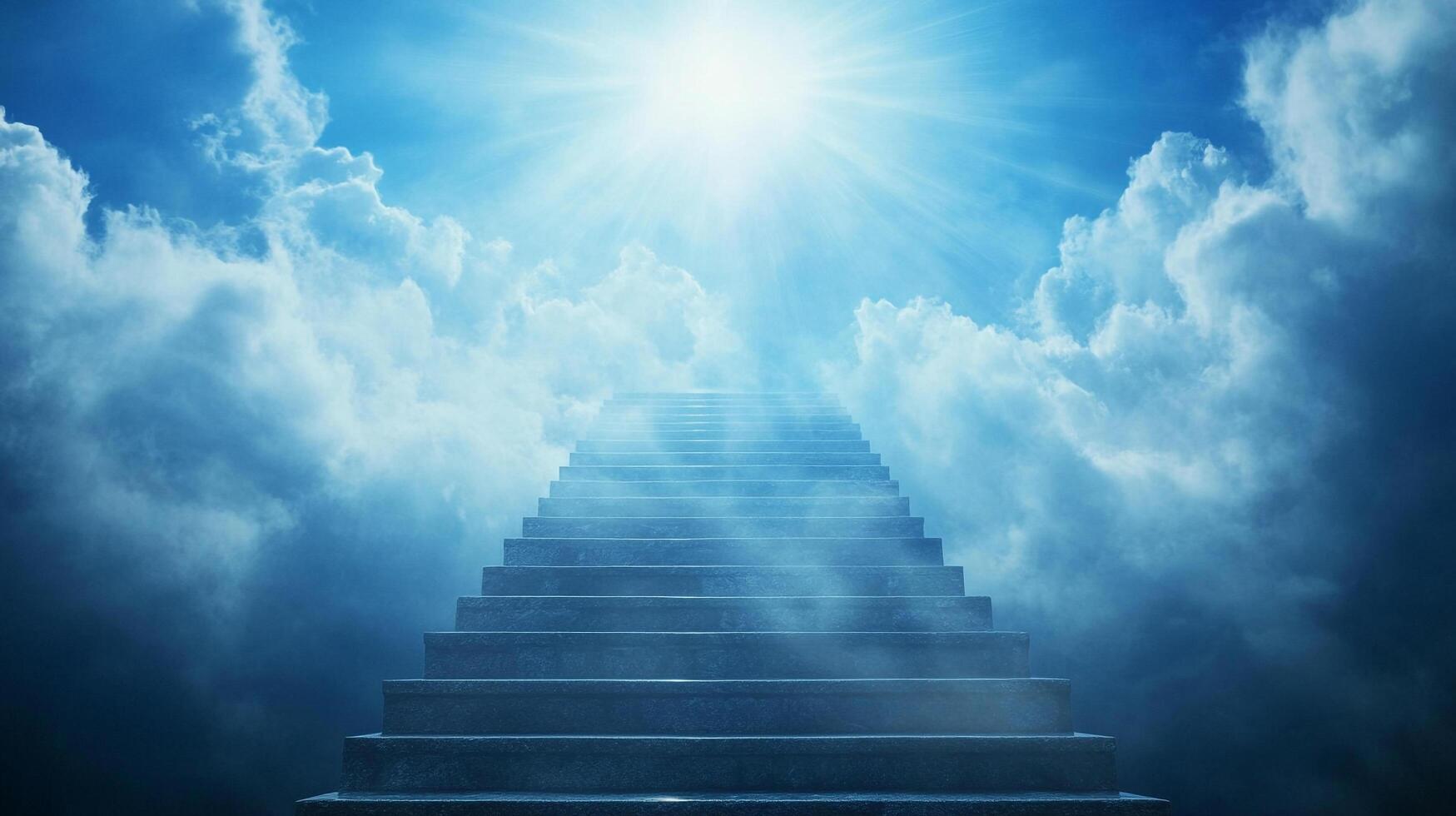 Stairway ascending to the sky, leading to a radiant light among fluffy clouds. Dreamy ethereal pathway concept with spiritual undertones. photo