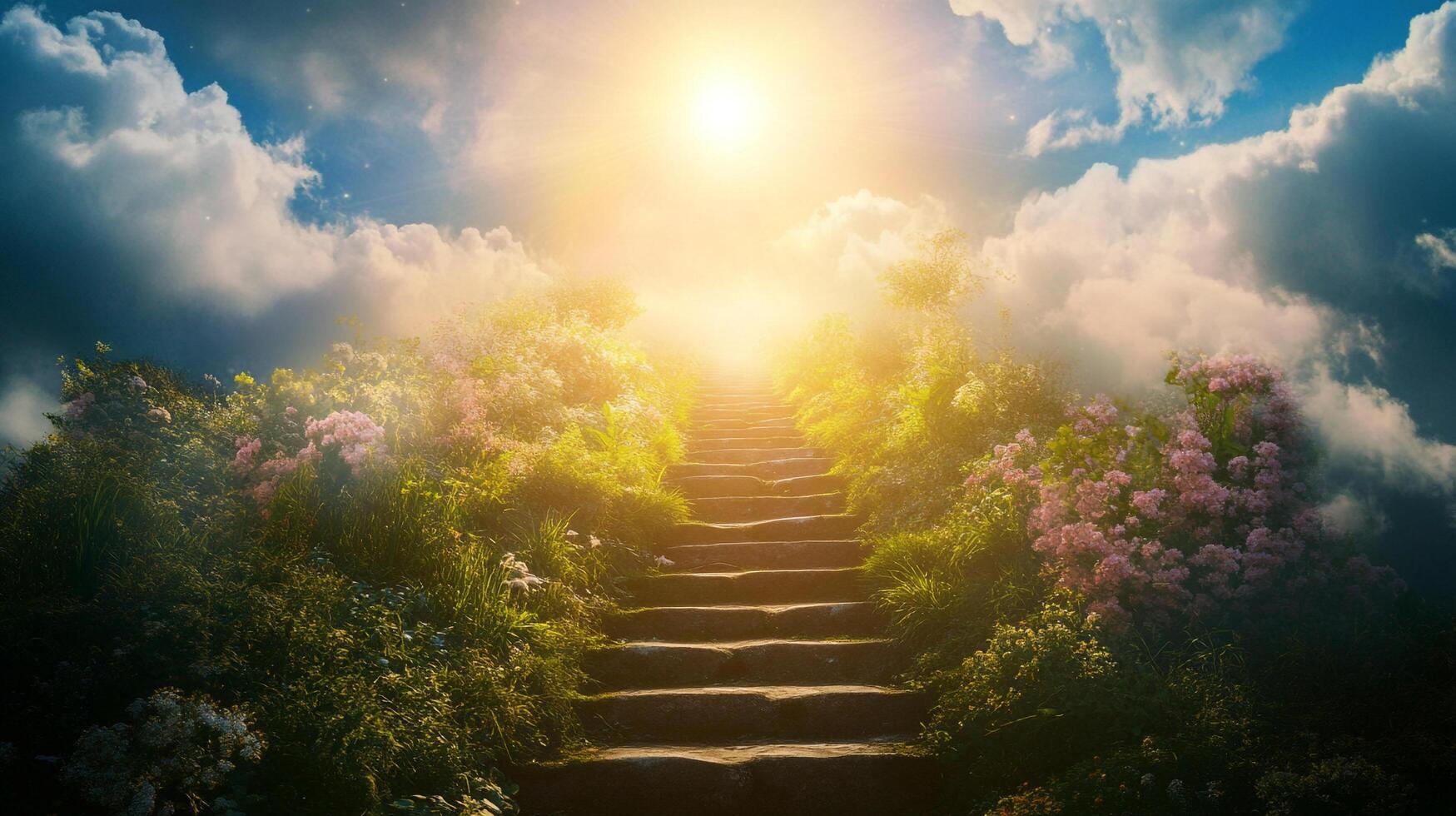Stairway bathed in sunlight, ascending through lush vegetation towards bright sky, conveying journey, hope, and tranquility. photo
