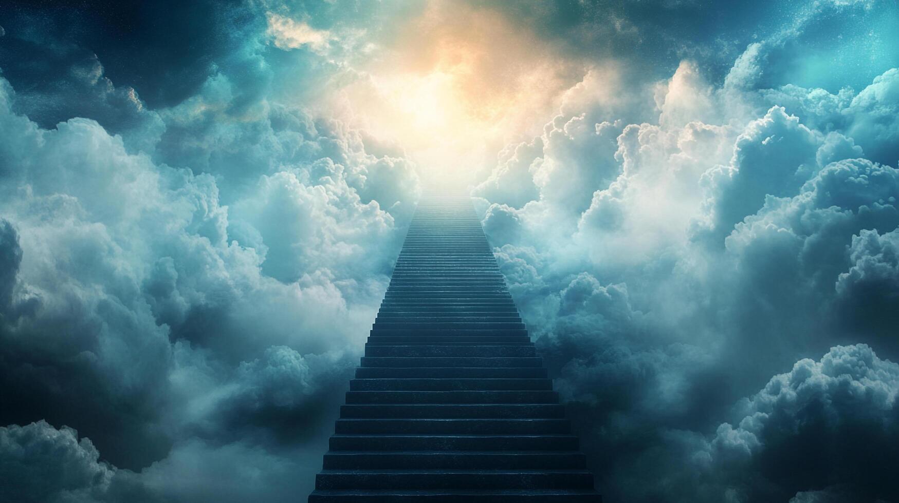 An awe-inspiring view of a monumental staircase ascending through swirling clouds toward a radiant, luminous light in the distant sky. photo