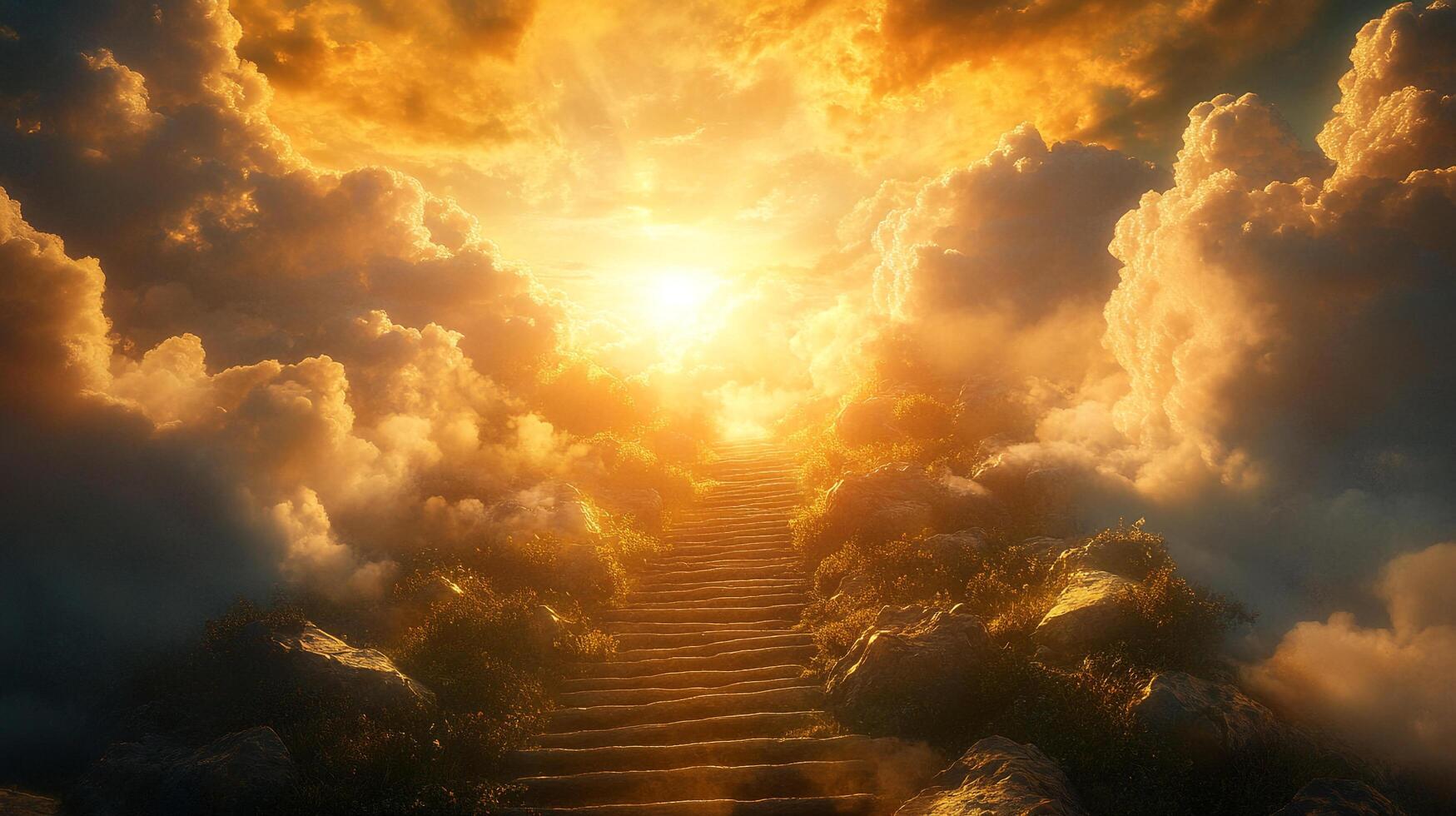 Stairway to heaven amidst golden clouds, a path to the divine light, conveying hope, aspiration, and spiritual journey under the sky. photo