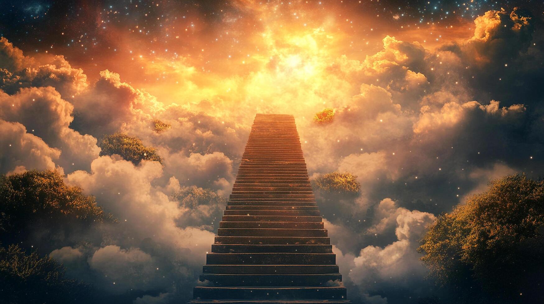 A grand staircase ascends into a radiant, star-speckled sky filled with billowing clouds, evoking a sense of transcendence and ethereal wonder. photo