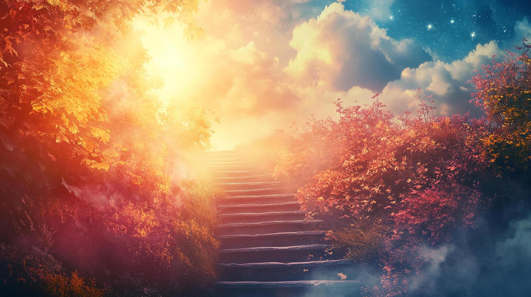 A stone stairway ascends through vibrant foliage towards a bright, hazy sky with some stars above the clouds, creating a mystical pathway. photo