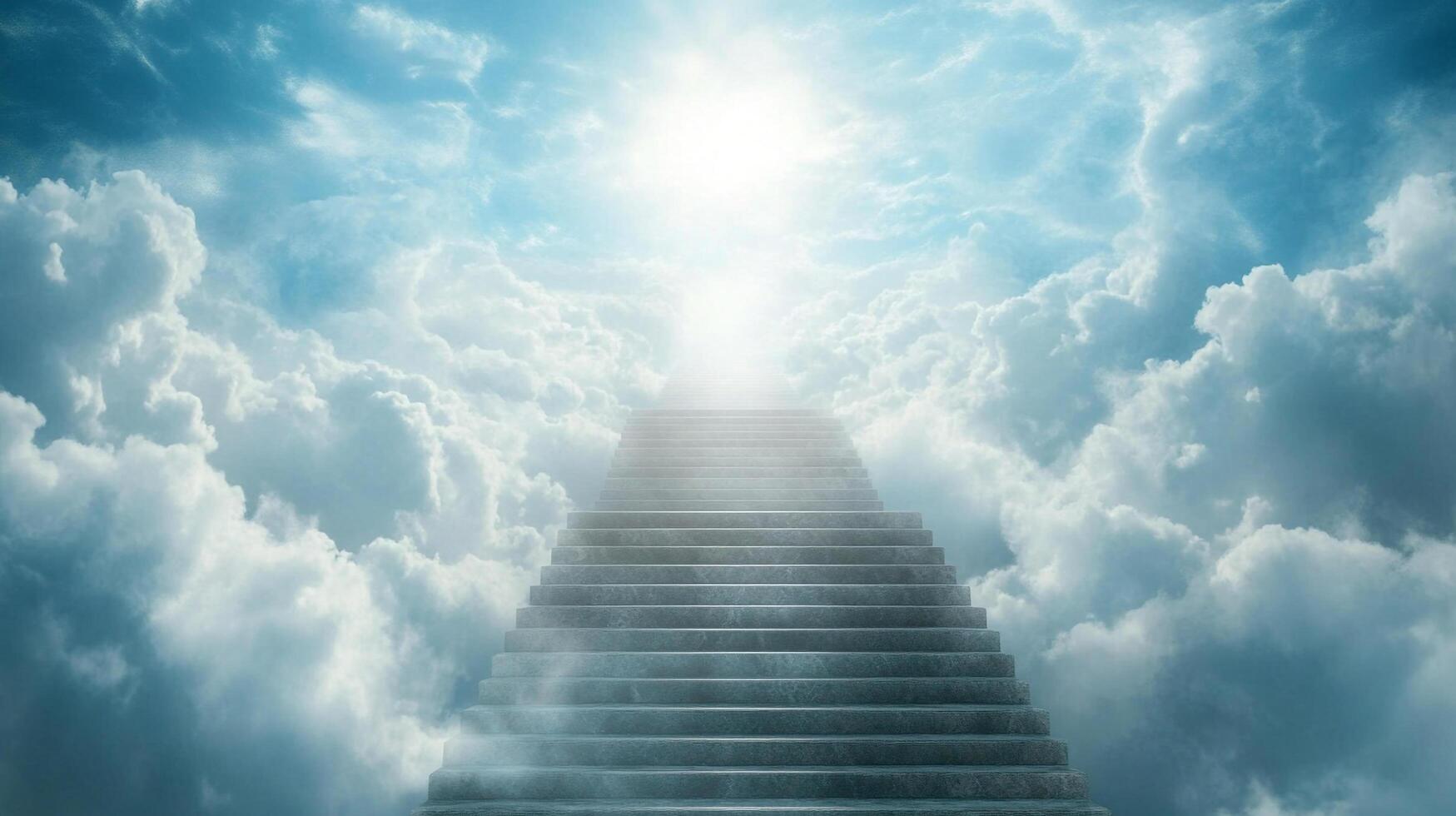 A long set of stairs going upward through white fluffy clouds towards a bright light at the top of the stairs. Concept of heaven. photo