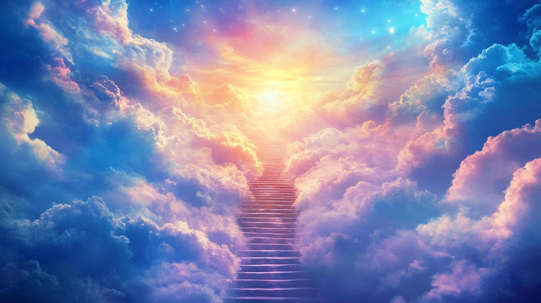 Stairway to heaven, a path illuminated by a celestial glow amidst clouds, evokes hope and dreams for a brighter future. photo