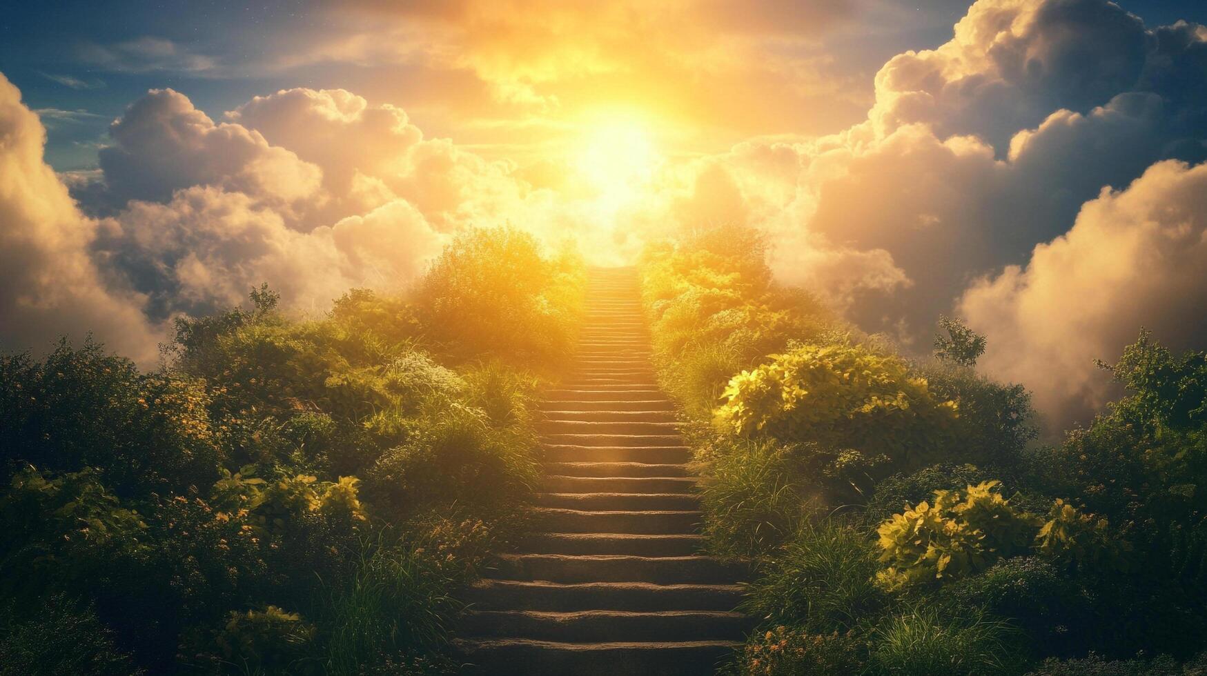 A scenic stairway ascends through lush greenery towards a radiant, sunlit sky filled with billowing clouds, creating a serene atmosphere. photo