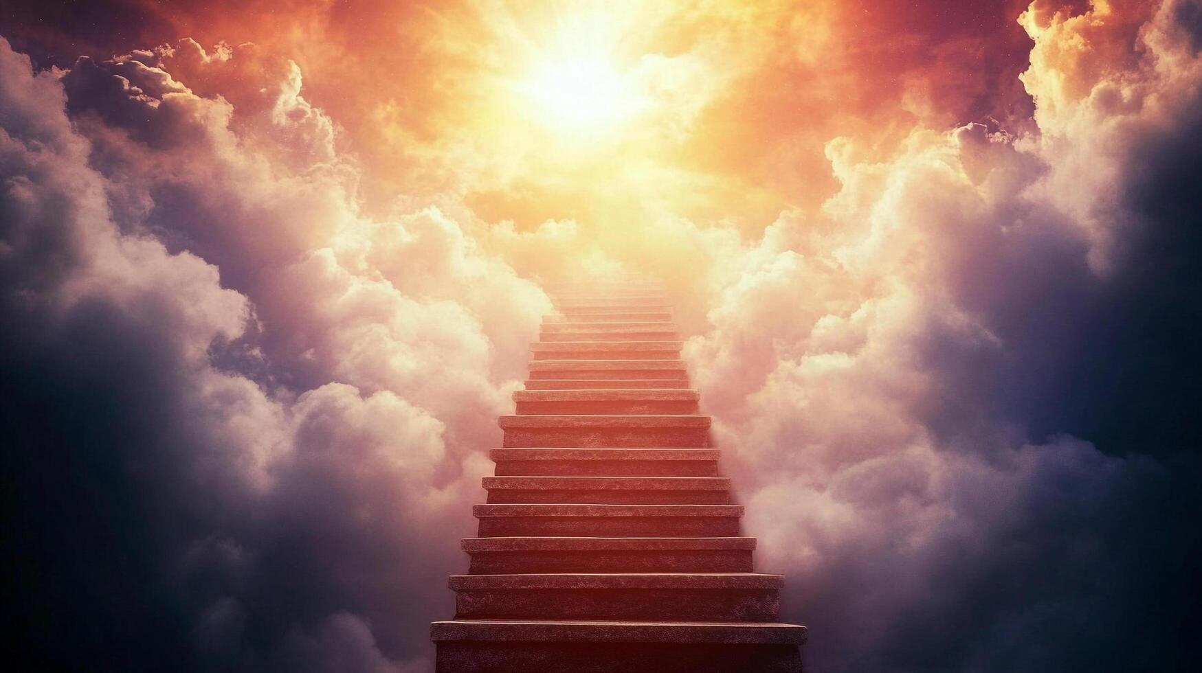 A set of stone stairs leading upwards through a sea of fluffy clouds into a brilliant, glowing light suggesting a pathway to heaven. photo