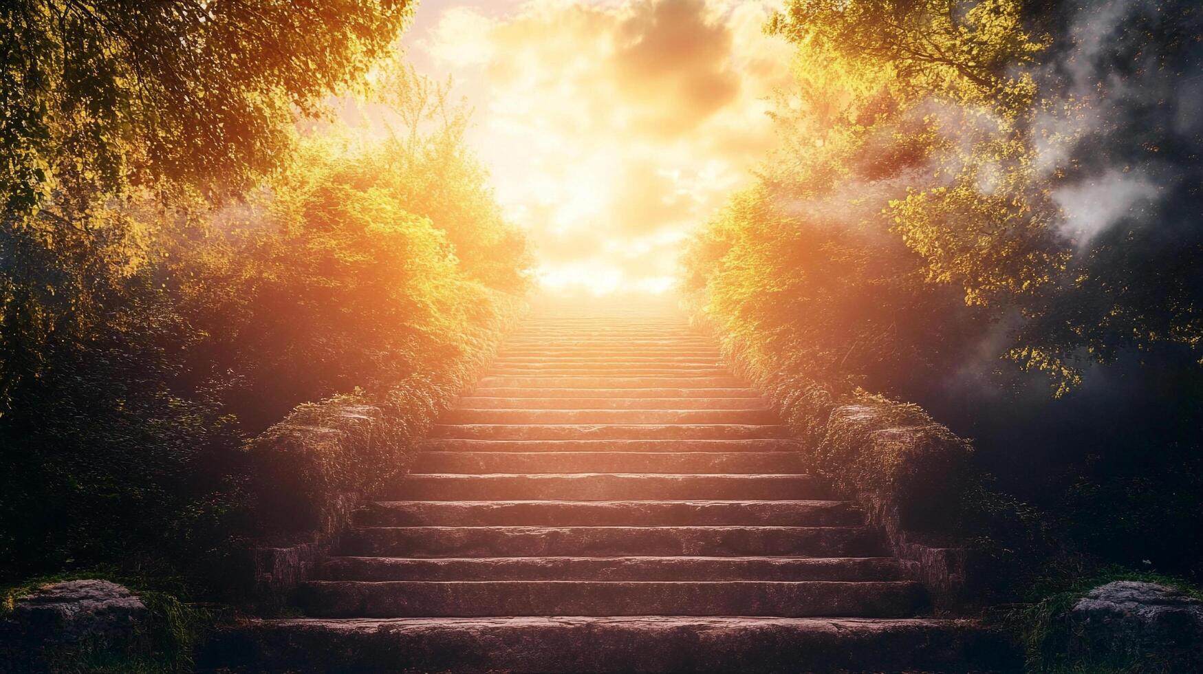 Ascending a grand stone staircase towards a luminous, cloud-filled sky, embraced by lush greenery and a mystical ambiance. photo