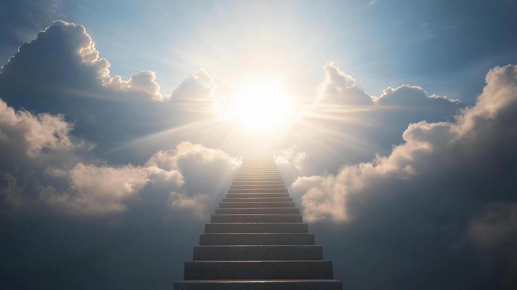 A staircase ascends into a vibrant, light-filled sky, surrounded by fluffy clouds. The path is lit by a bright, ethereal glow. photo