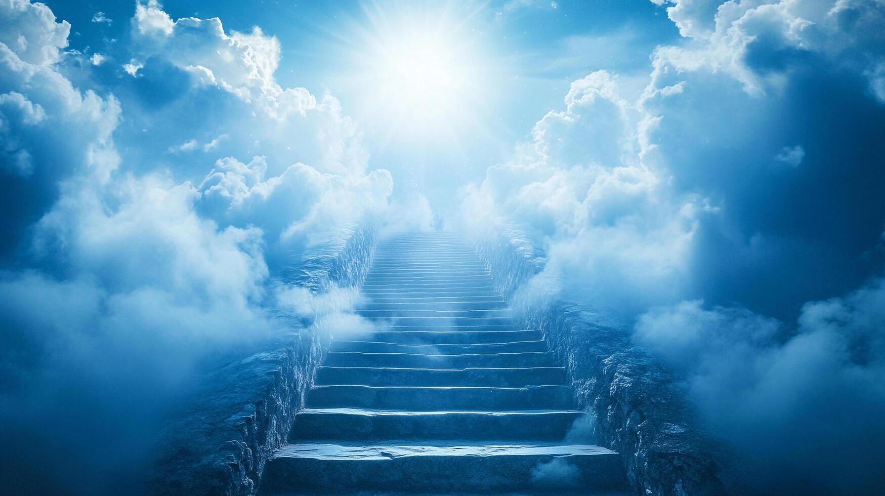 An ethereal staircase ascends into a luminous sky filled with fluffy clouds, evoking a sense of journey, hope, and spiritual transcendence. photo