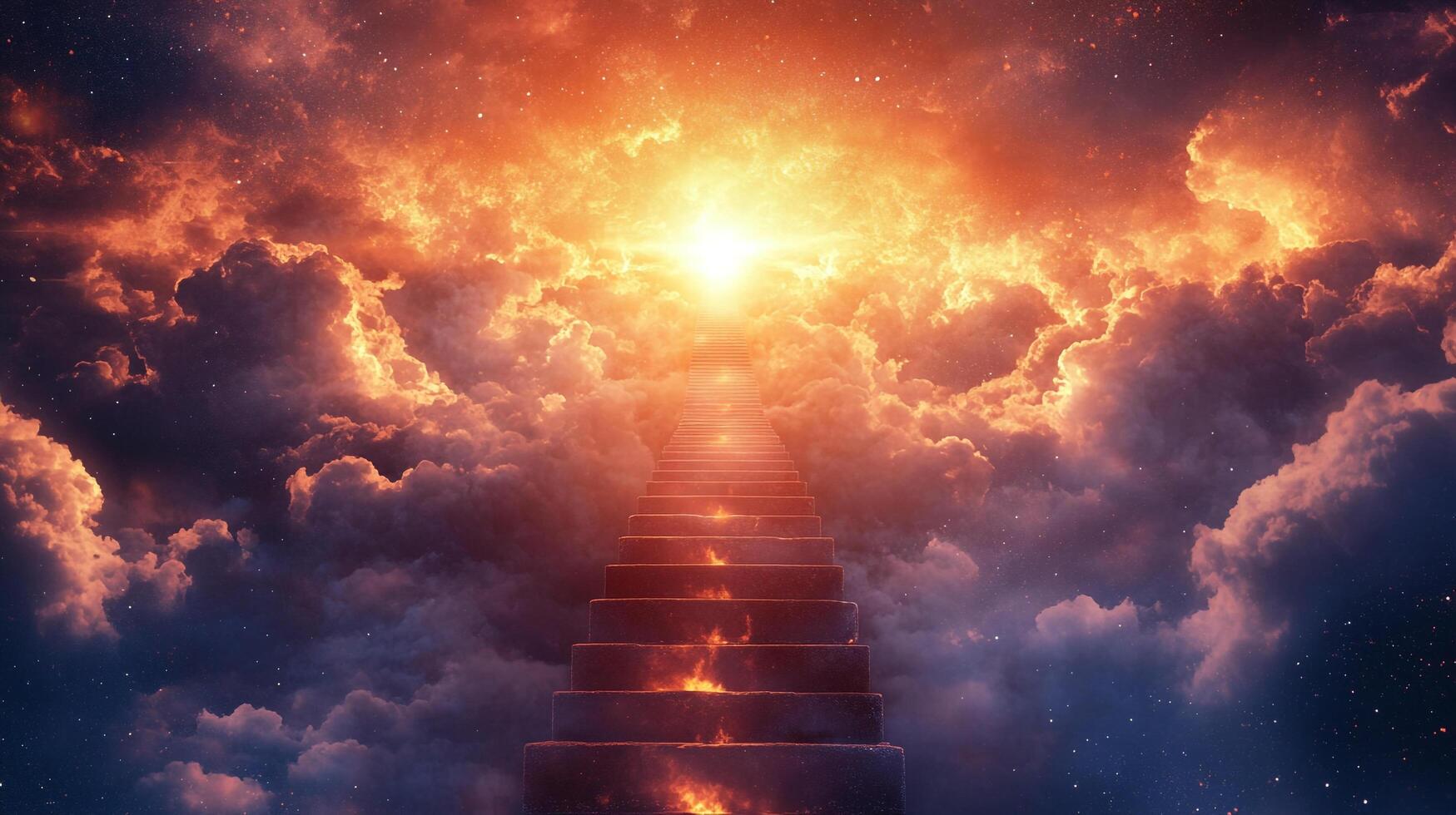 Stairway to heaven with a divine light at the end of it amidst the ethereal clouds. A symbolic journey towards enlightenment. photo