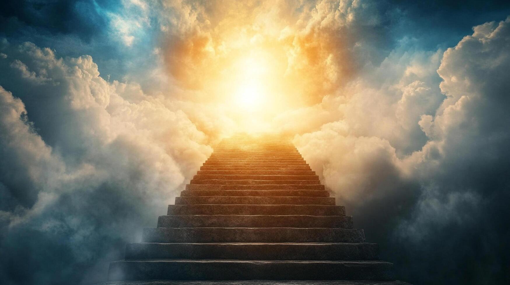 Stone stairway leading upwards into fluffy white and dark clouds, with a shining golden glow at the end of the staircase. photo