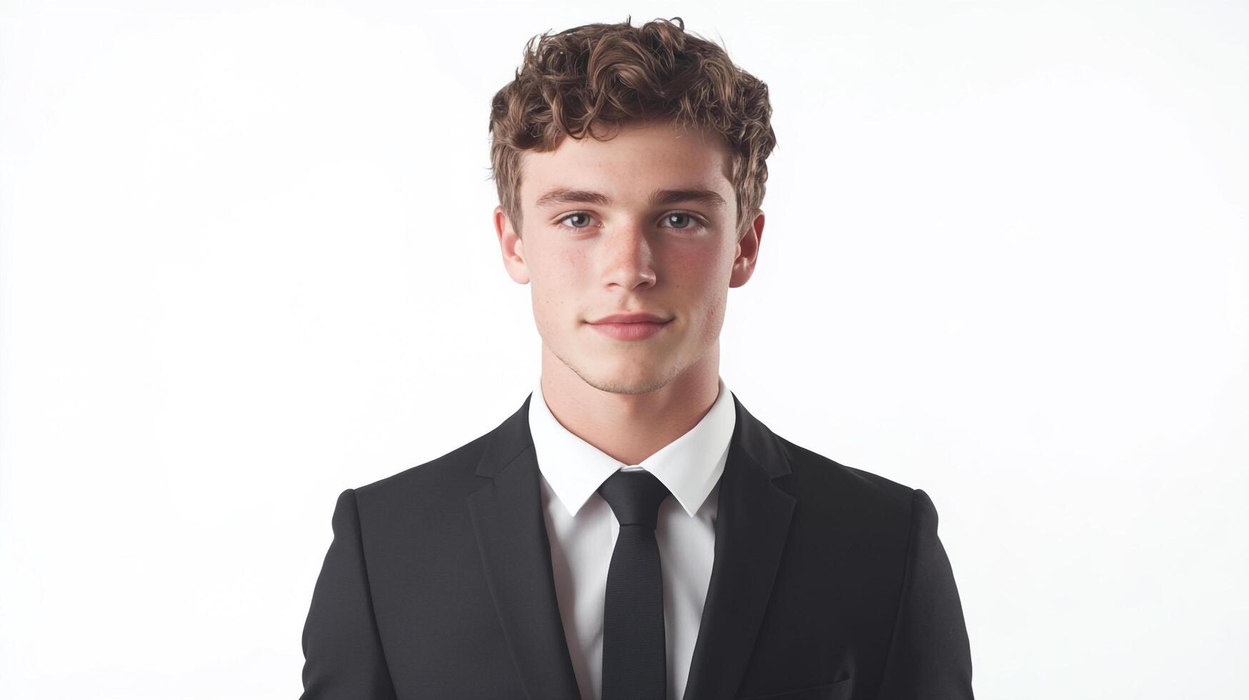 Sharp and sophisticated, a young man in a suit presents a picture of confidence against a bright background, ready for success. photo