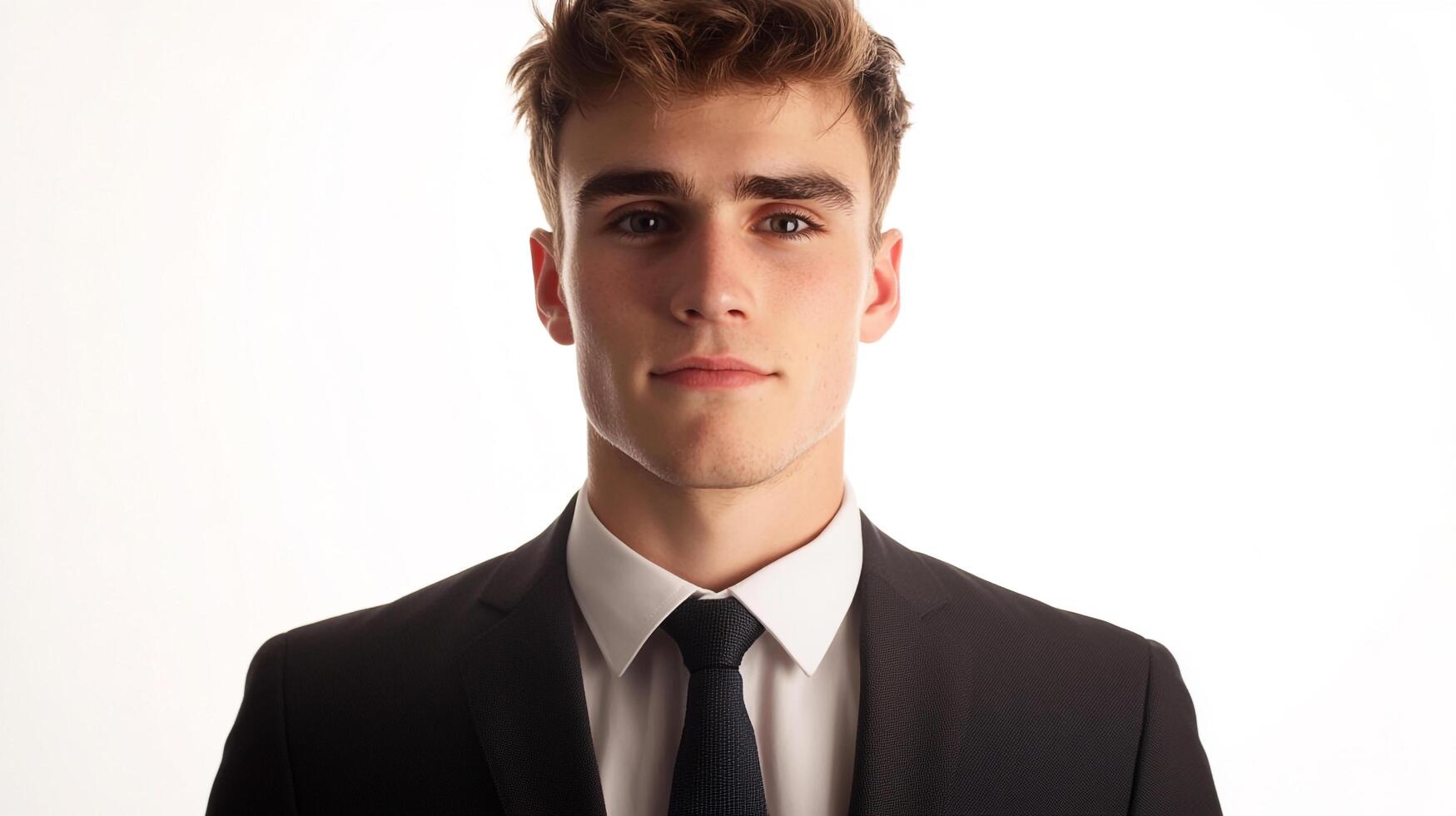 Portrait of a young man in a suit and tie, photographed in front of a plain white background, focusing on his face and upper body. photo