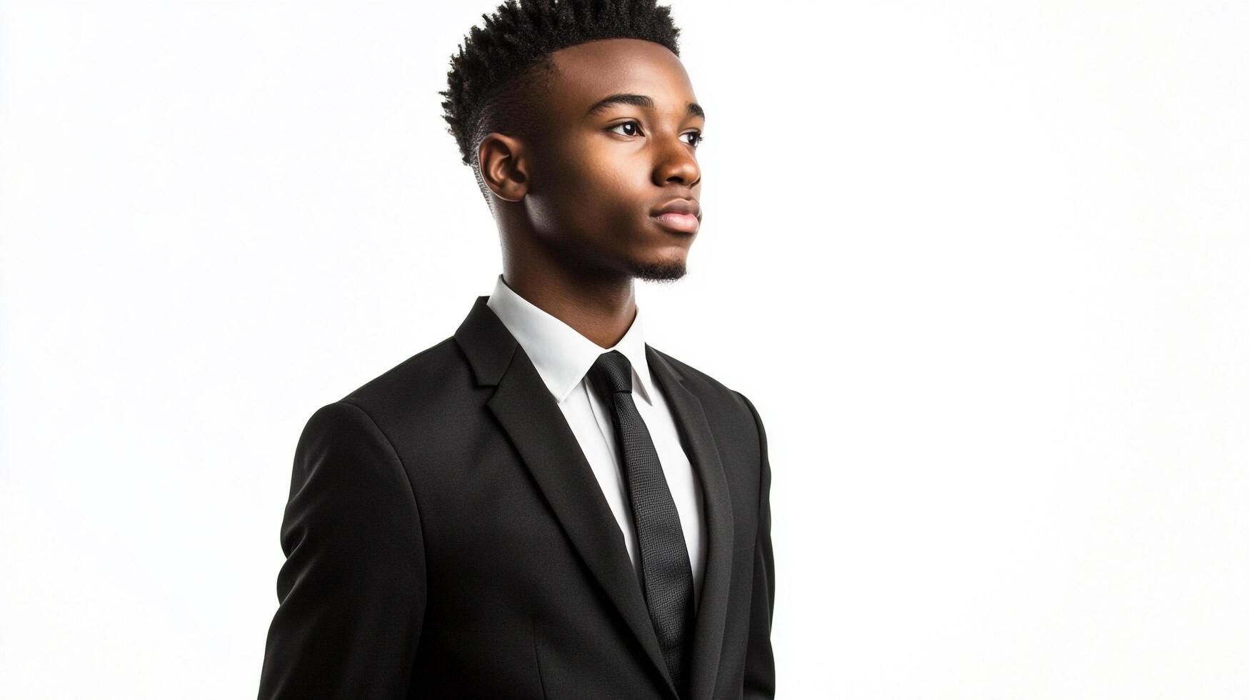 Confident young man in suit looks toward the future with optimism and aspiration against a plain white background. Professional and modern. photo