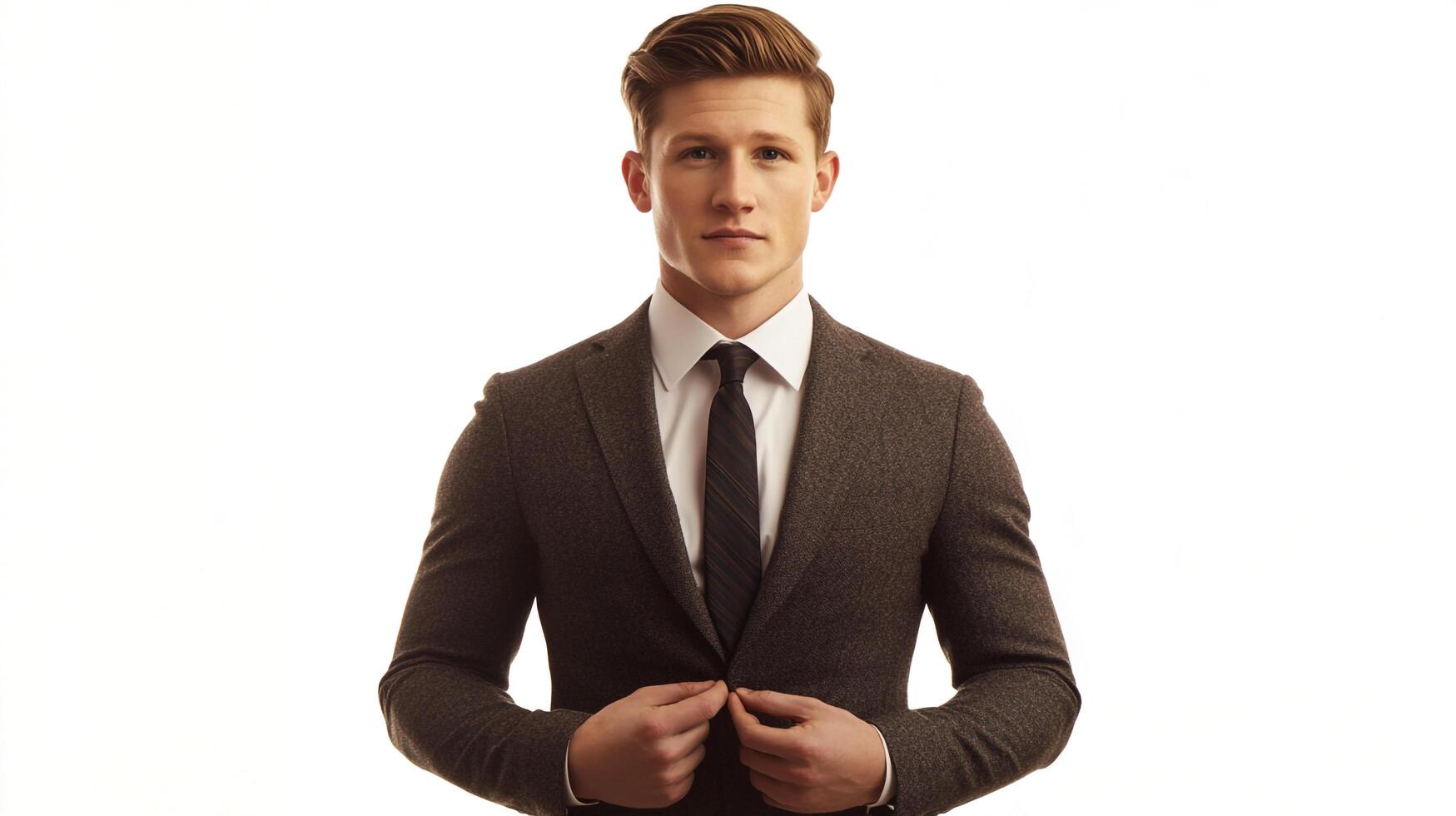 A young man in a tailored suit confidently buttons his jacket, exuding sophistication and style against a bright, clean backdrop. photo