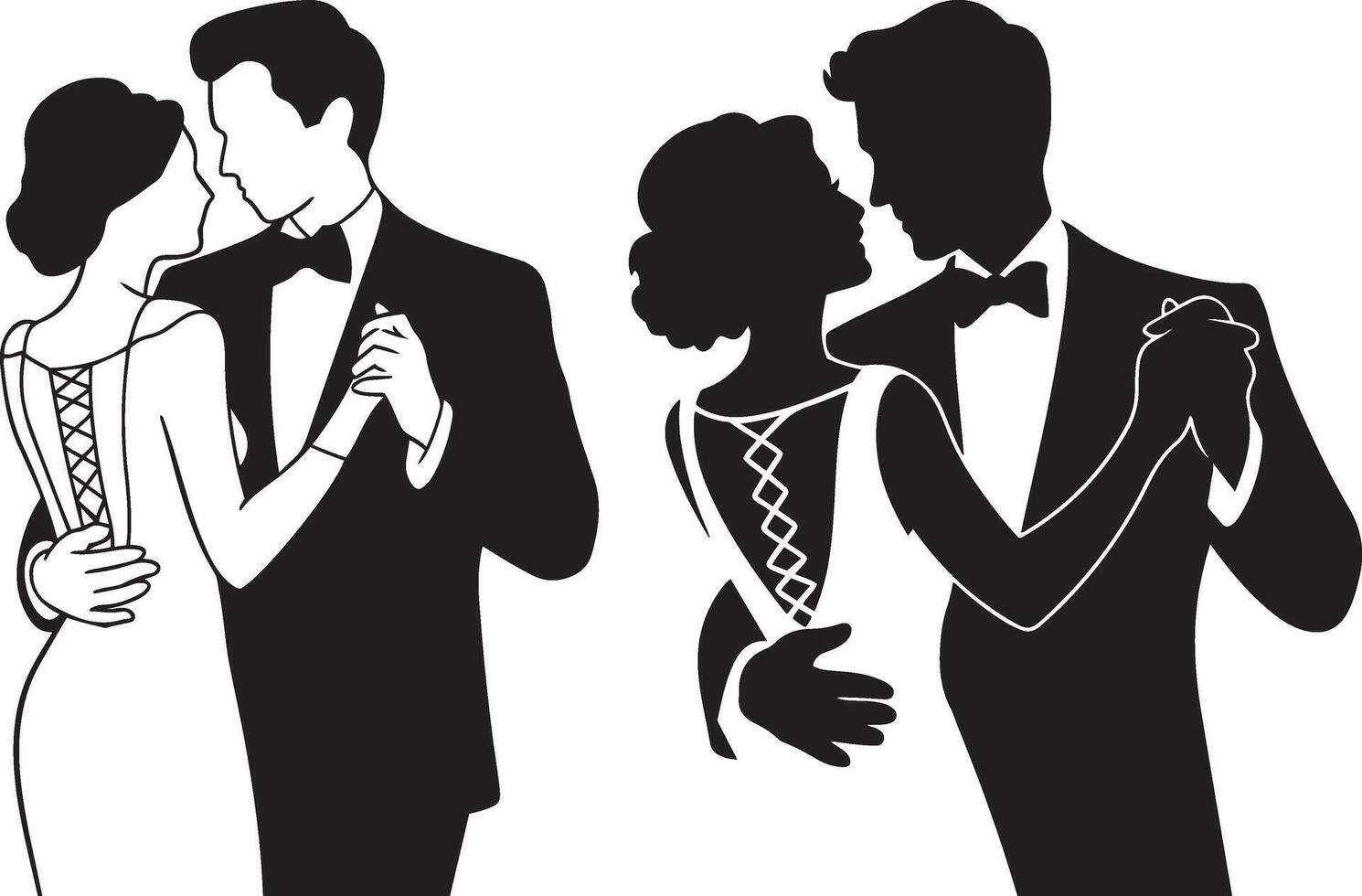 A set of bride and groom couple dancing black and white silhouettes vector