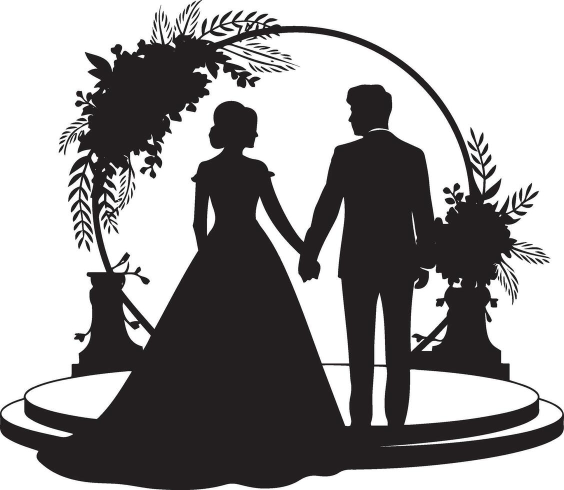 A black and white silhouette of a bride and groom standing at a floral archway. vector