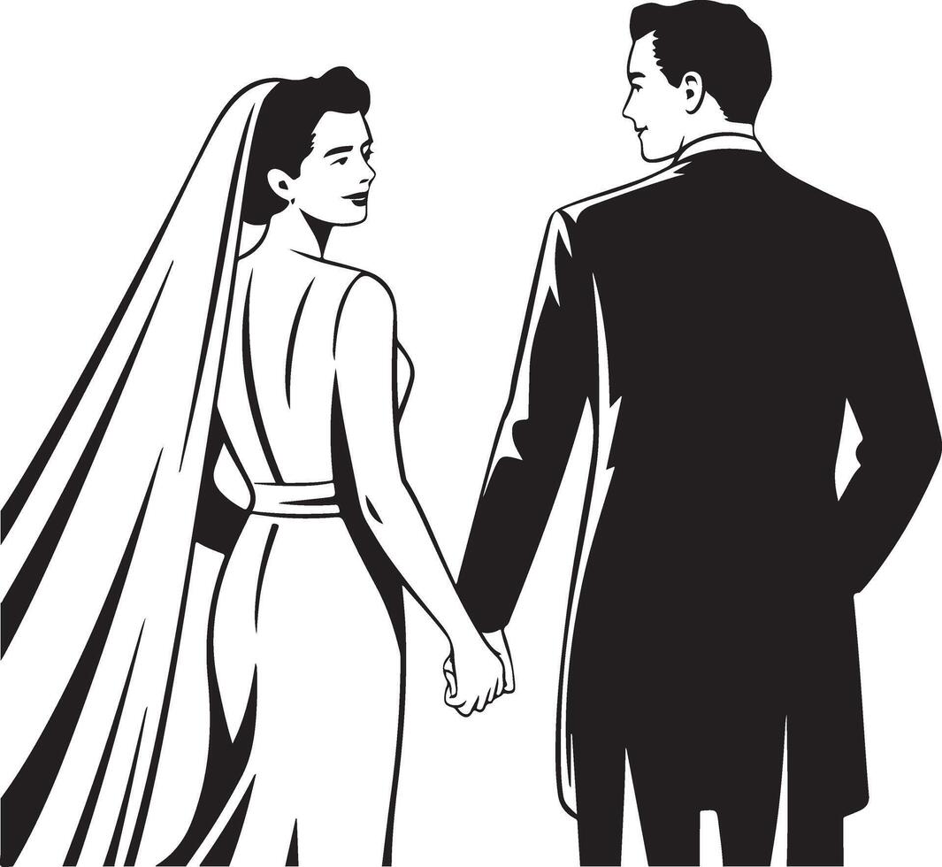 A black and white silhouette of a bride and groom holding hands, walking away from the viewer. vector