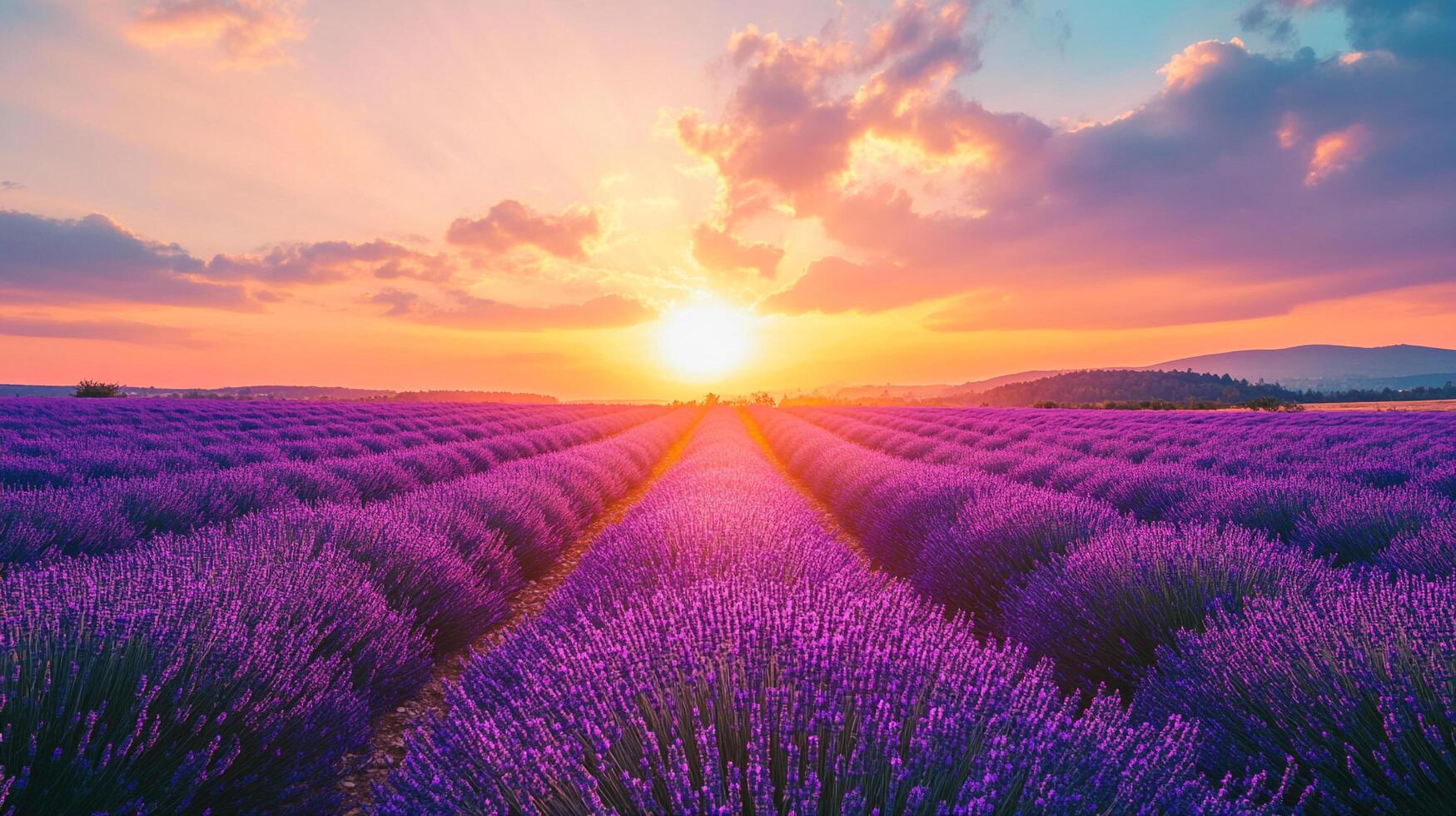 Lavender field at sunset with beautiful purple rows extending towards the horizon and an amazing colored sky with clouds photo