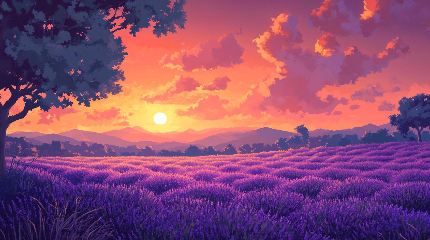 Dreamy lavender field under sunset. Mountains in the background, soft clouds in the sky, and a tree on the side, offering a sense of peace. photo