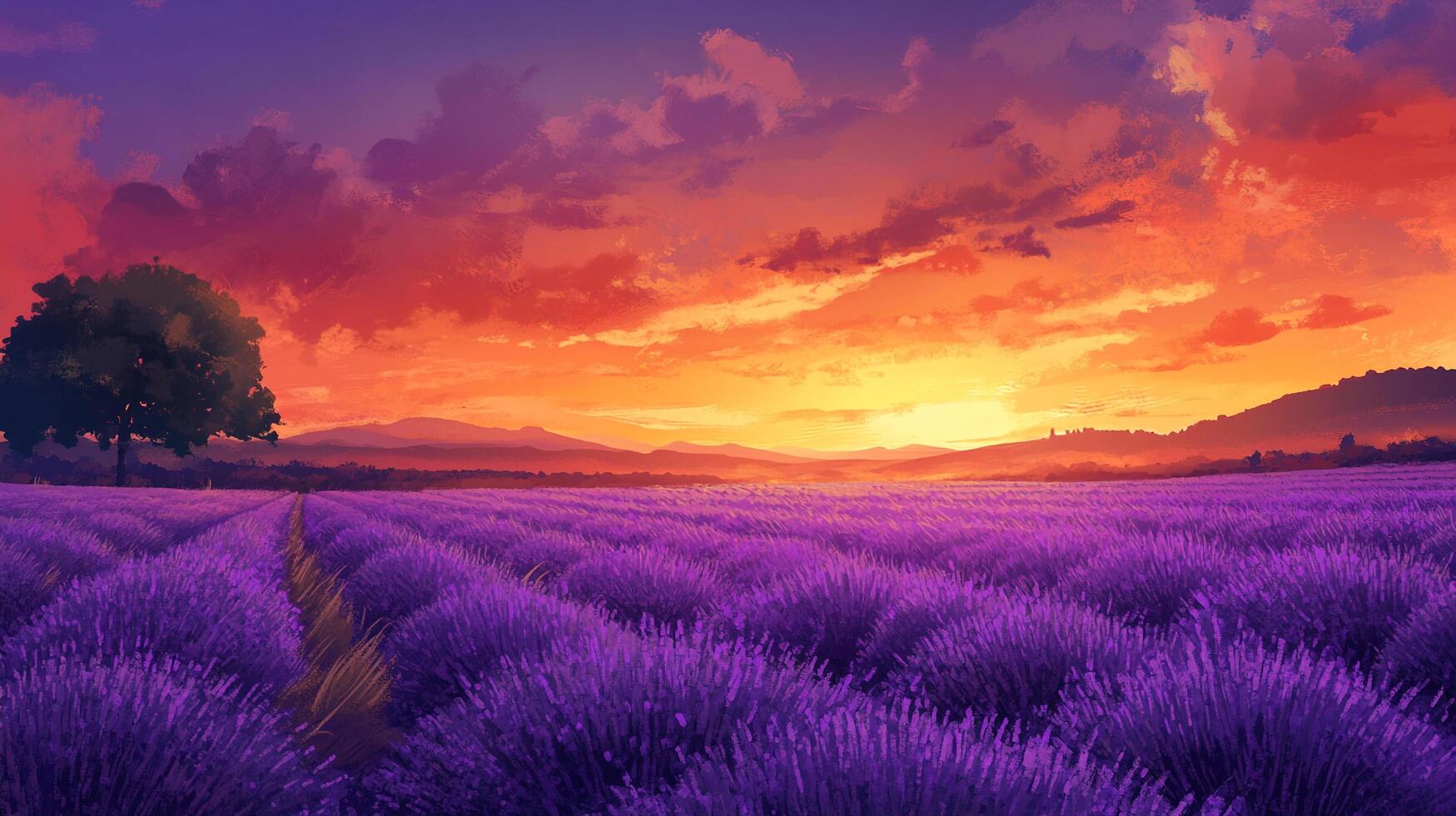 Serene lavender field stretching towards a vibrant sunset, mountains in the background, and a solitary tree stand in golden light. photo