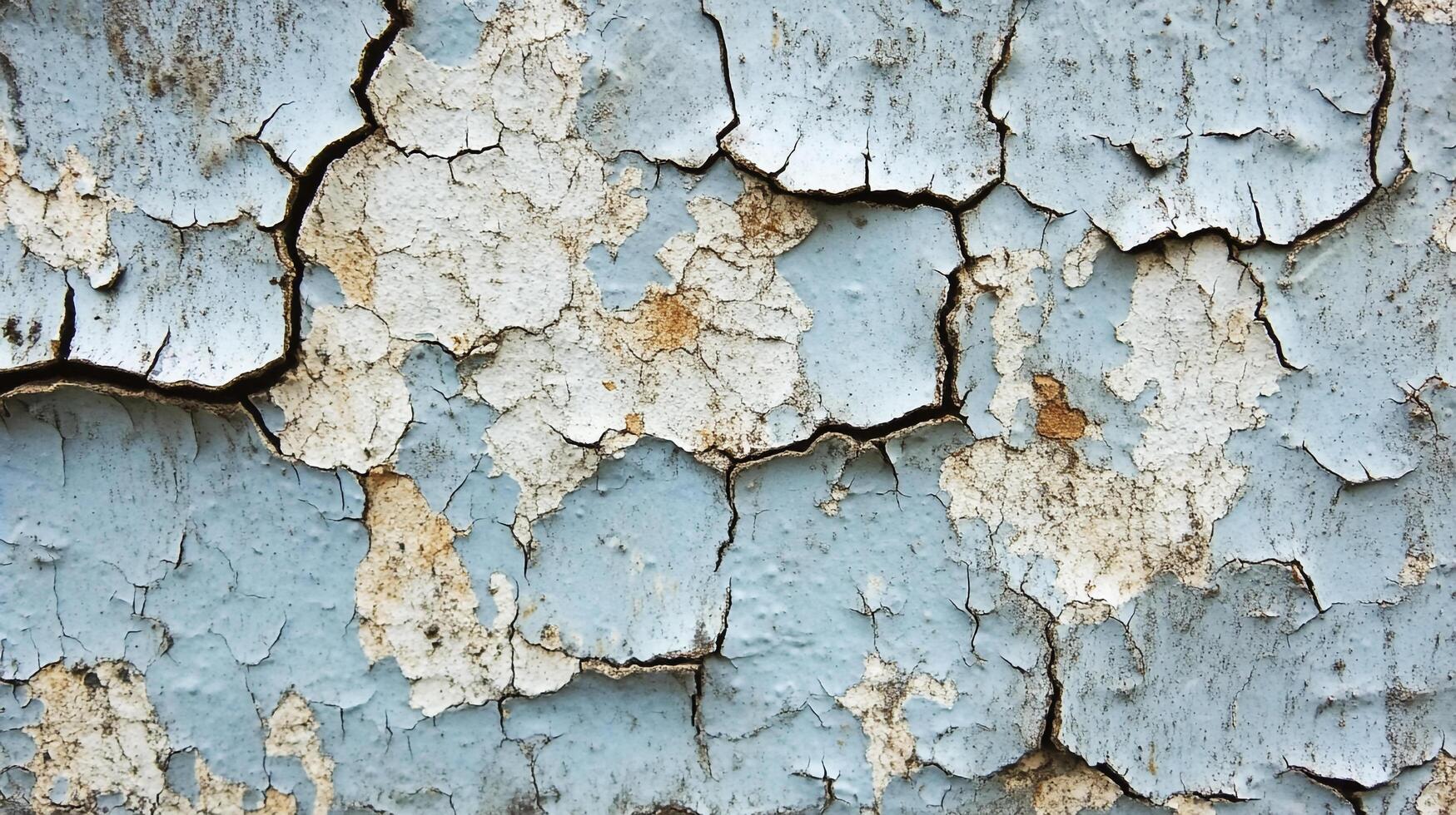Distressed surface of weathered, peeling blue and white paint creating a textured and aged look. The paint is old and cracked. photo