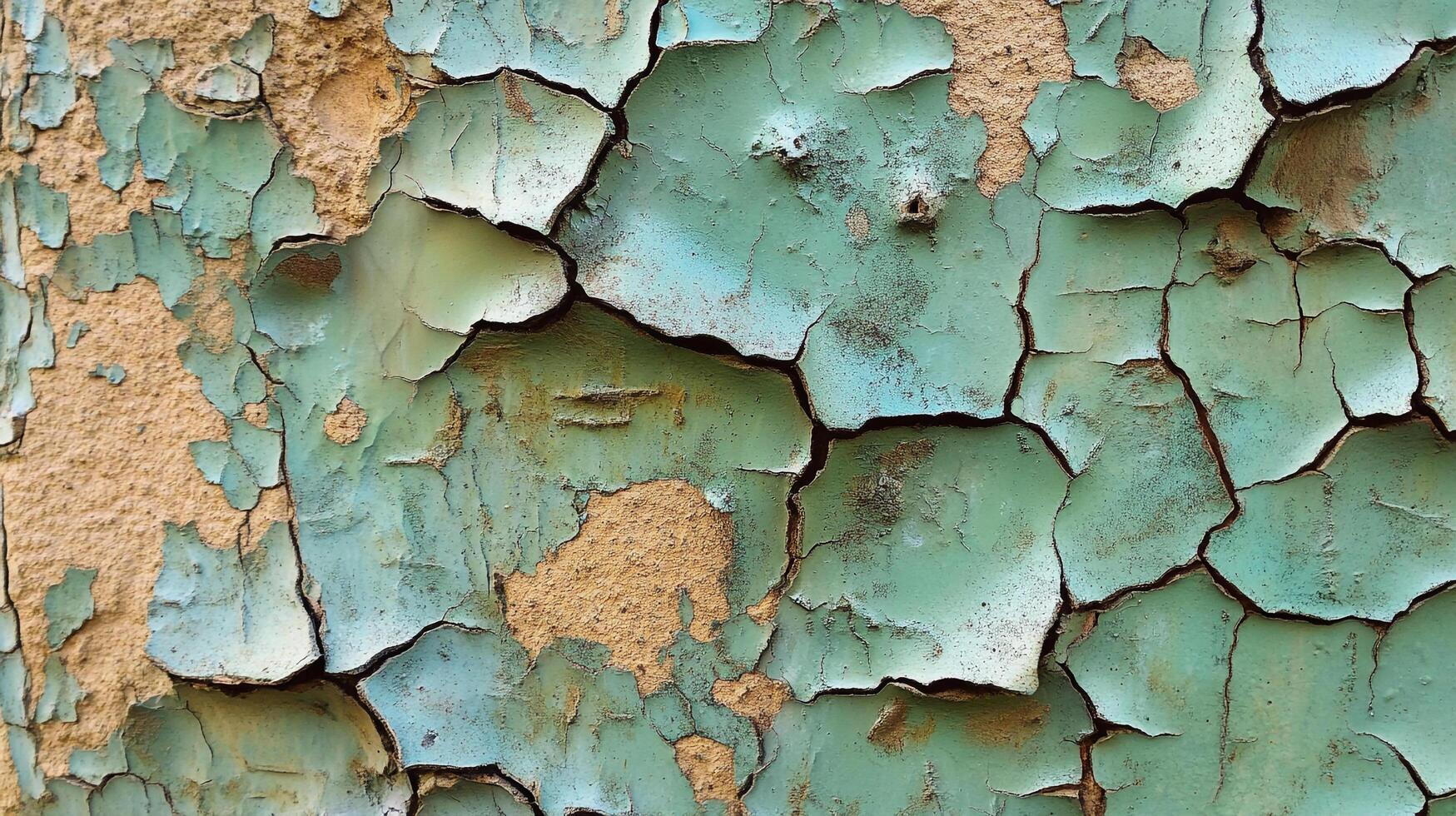 Distressed teal paint peeling off a rough, textured surface, revealing the raw material beneath for a rustic, aged aesthetic. photo
