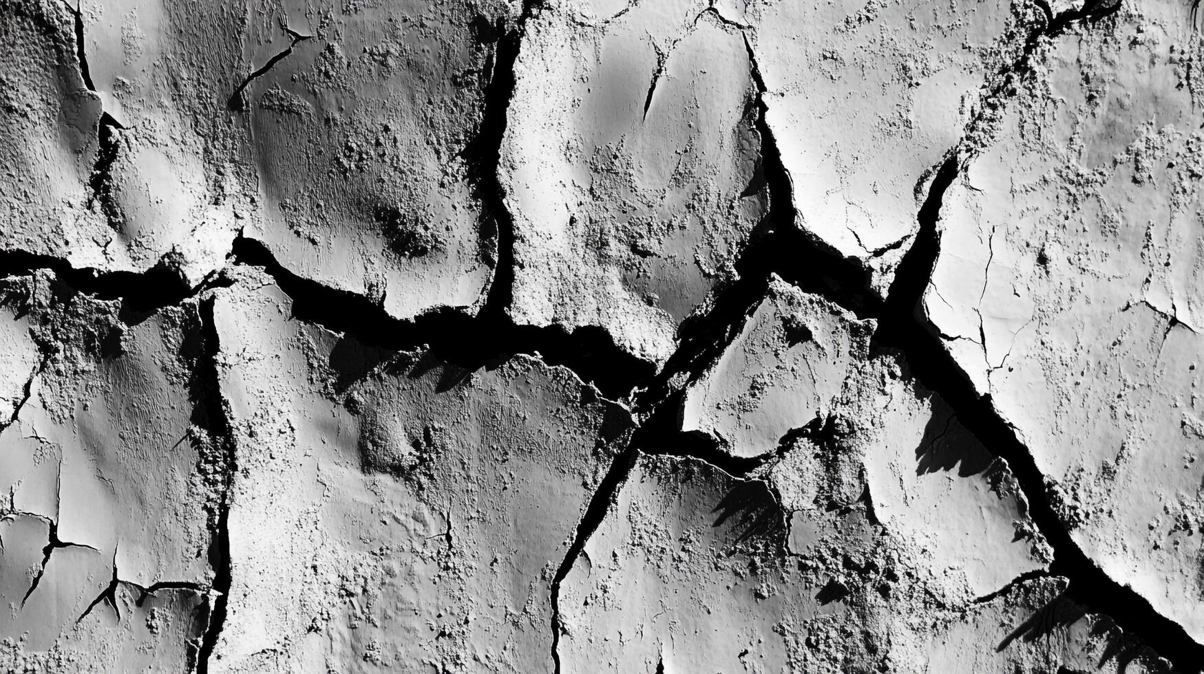 Monochromatic detailed close-up captures the stark contrast of deep fissures and cracked, rough textures. Visualizes desolation. photo