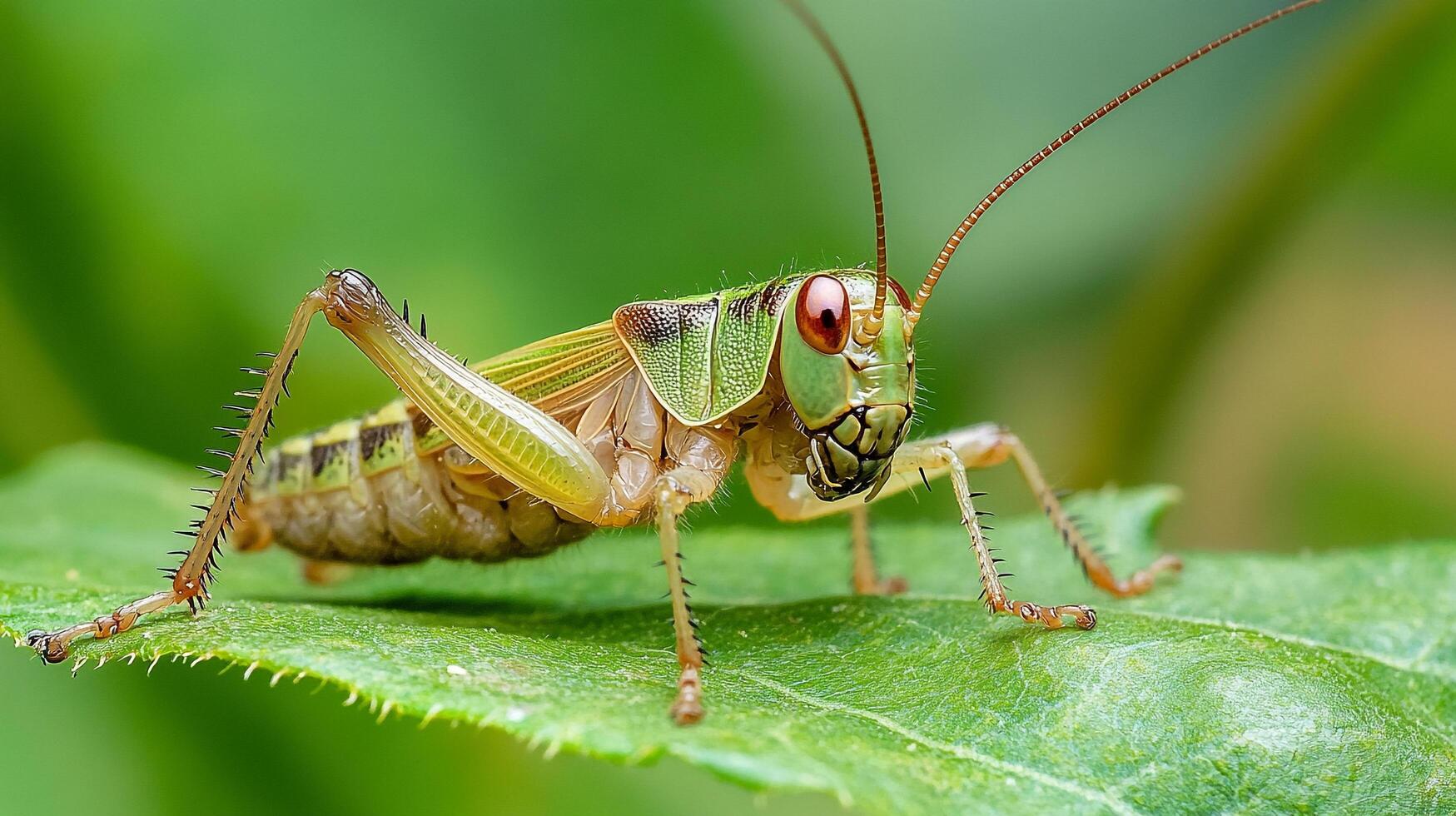 Close-up of a green grasshopper perched on a vibrant green leaf, showcasing its intricate details and delicate features in nature. photo