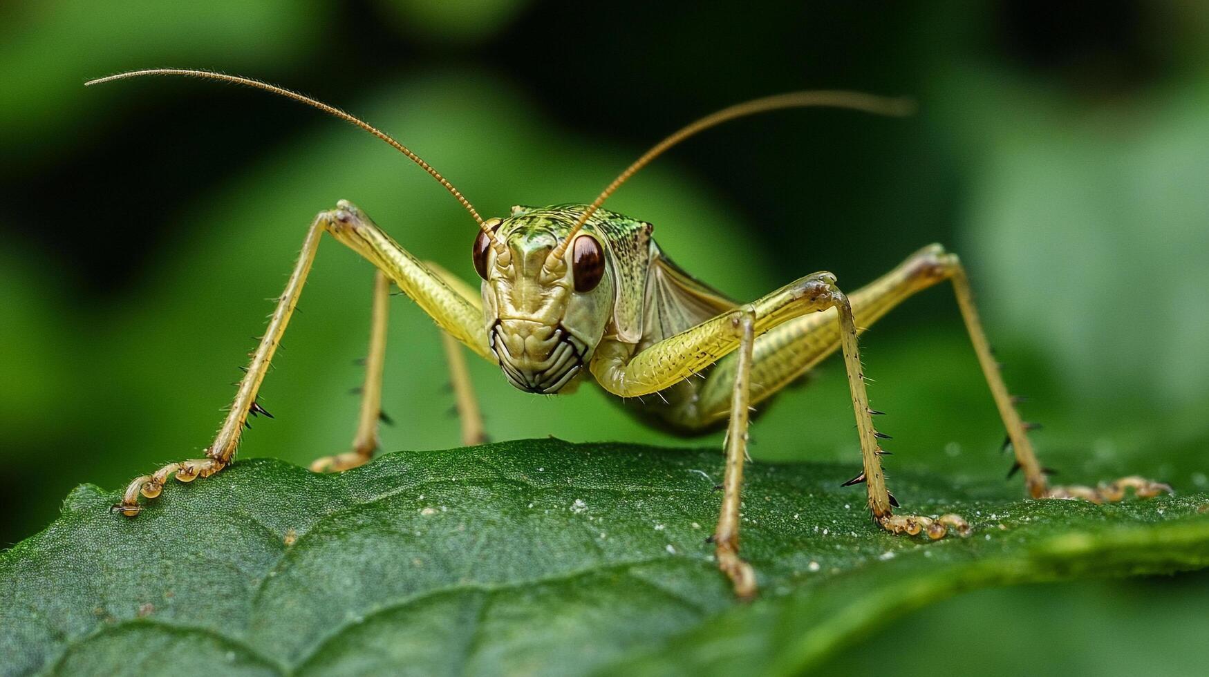 Up close with a grasshopper showing intricate details, on a leaf, showcasing nature's beauty in a simple, earthy setting. photo