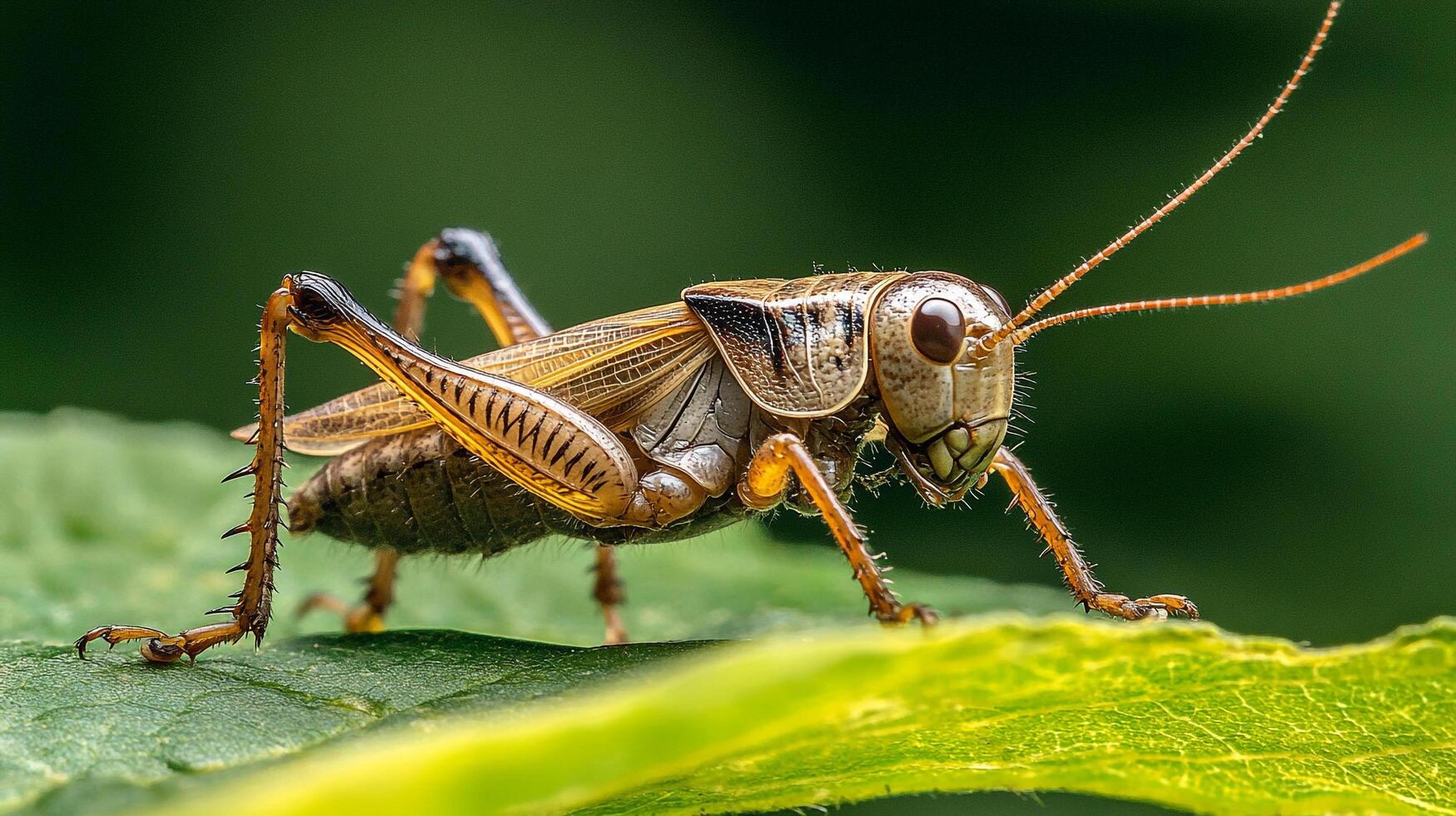 Focused macro shot showcases the intricate detail of the grasshopper, set against a blurred green background. The grasshopper poses. photo