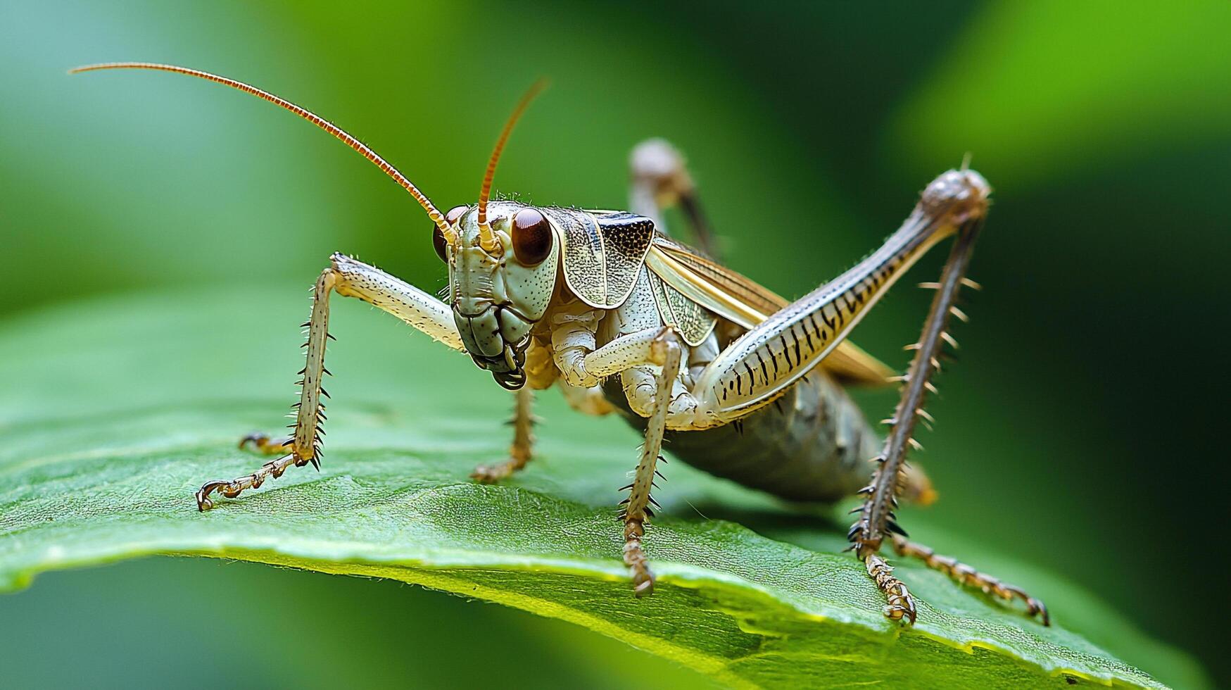 Macro of a speckled bush-cricket resting on a vibrant green leaf, capturing intricate details of its exoskeleton and spiky legs. photo