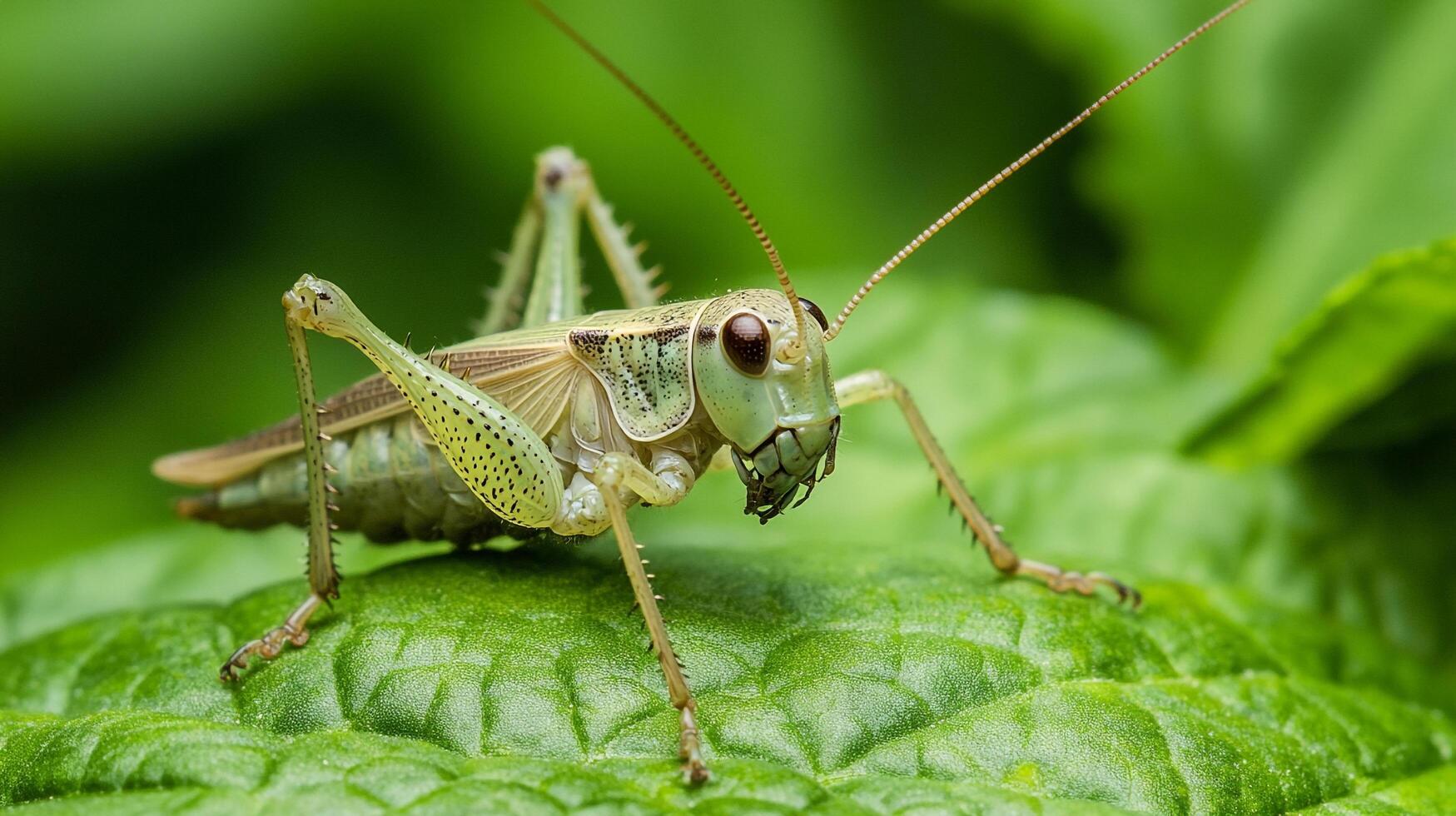 Close-up of a green grasshopper perched on a vibrant green leaf, showcasing its intricate details and blending into the leafy environment. photo