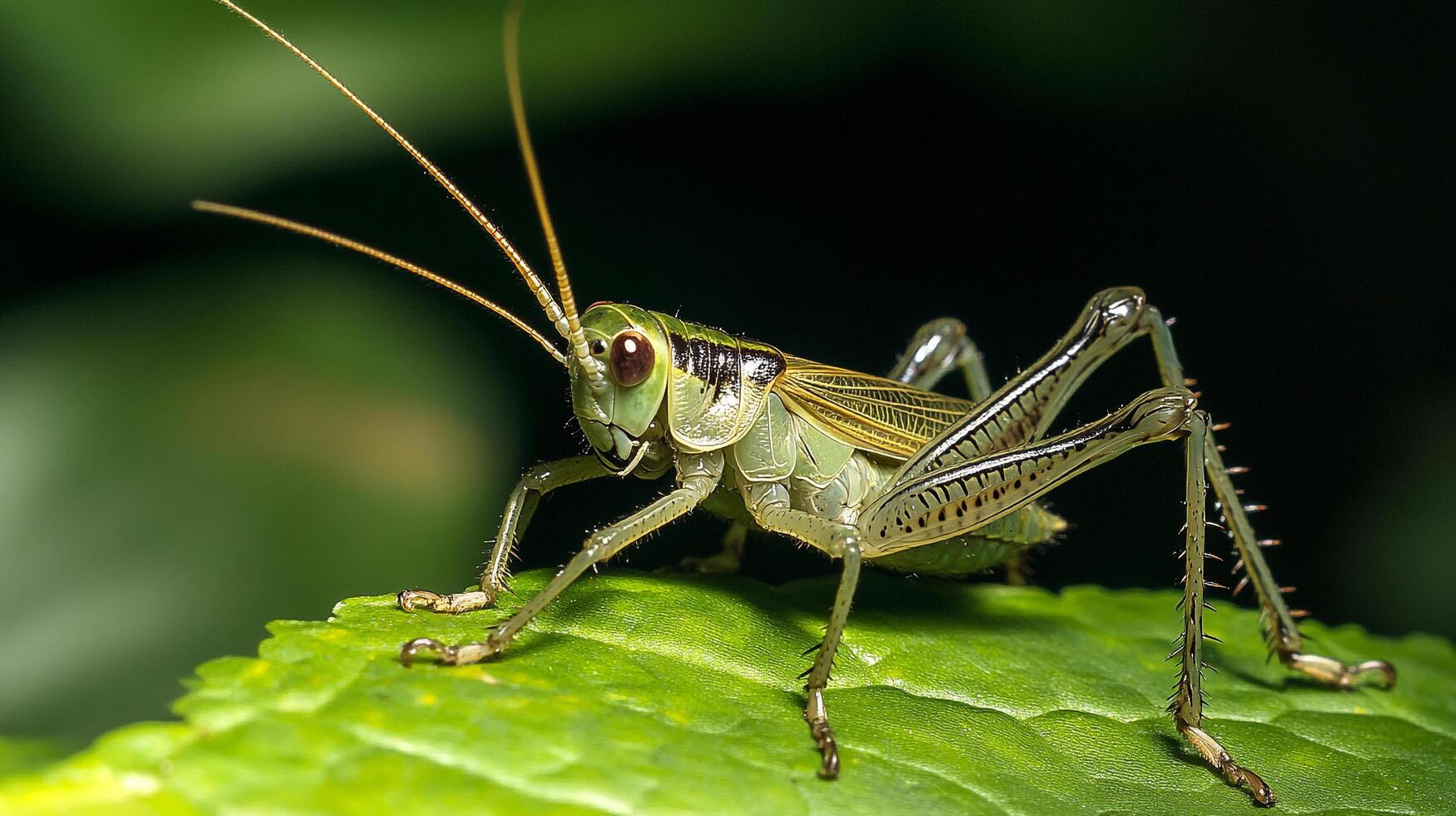 A vibrant green grasshopper sits poised on a lush green leaf, its long antennae probing the air, ready to leap into action. The grasshopper is ready. photo