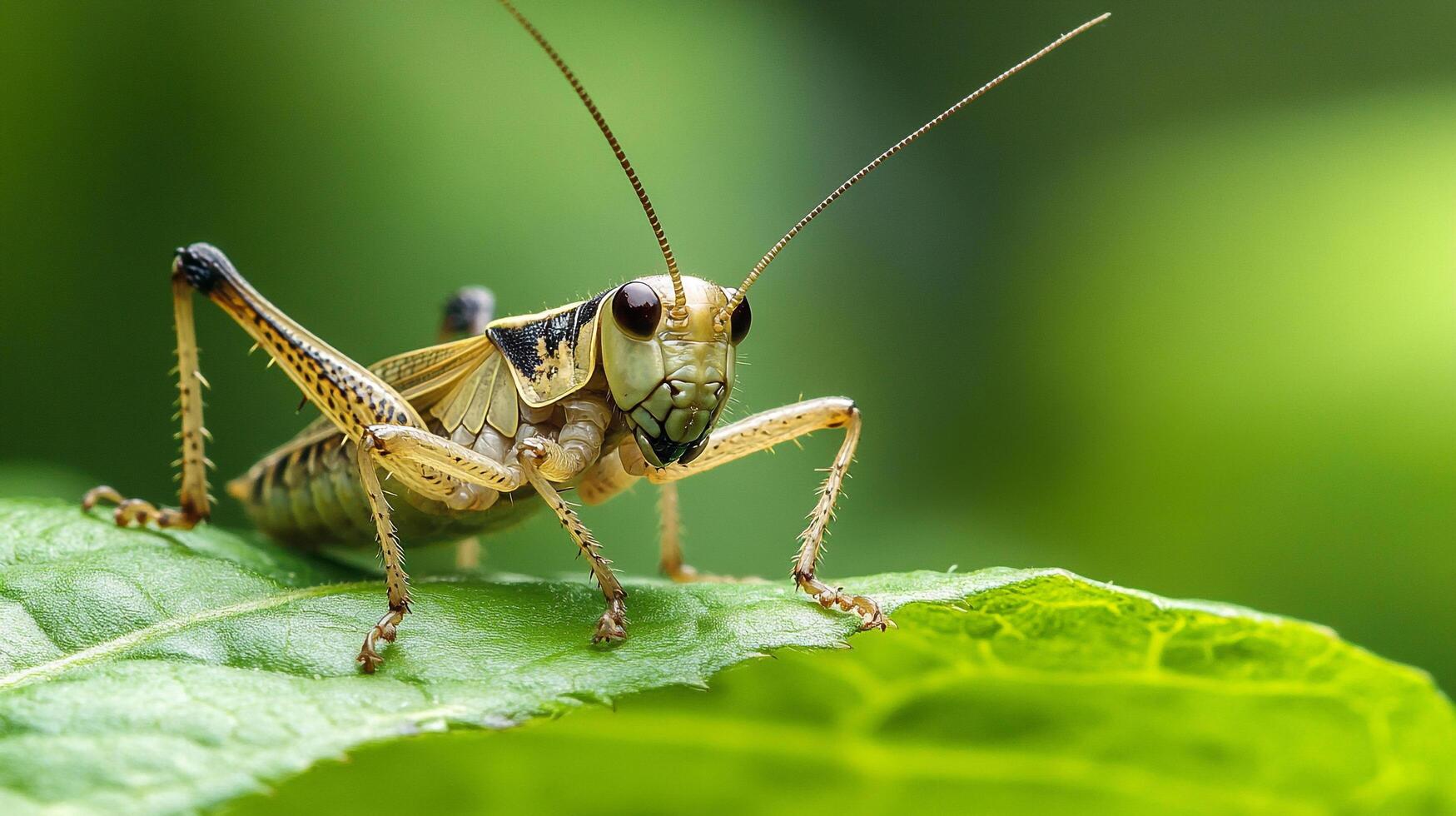 Detailed macro photo shows a grasshopper standing on green leaf, with a bright background creating a natural, vibrant setting.